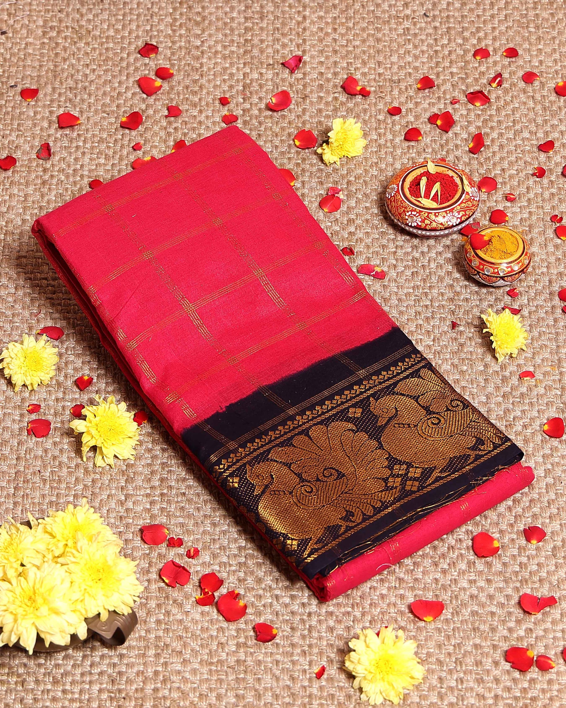 Traditional Sungudi Cotton Saree with Bold Checked Pattern and Intricate Peacock Zari Border - Dark Pink