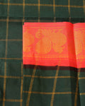 Traditional Sungudi Cotton Saree with Bold Checked Pattern and Intricate Peacock Zari Border - Green
