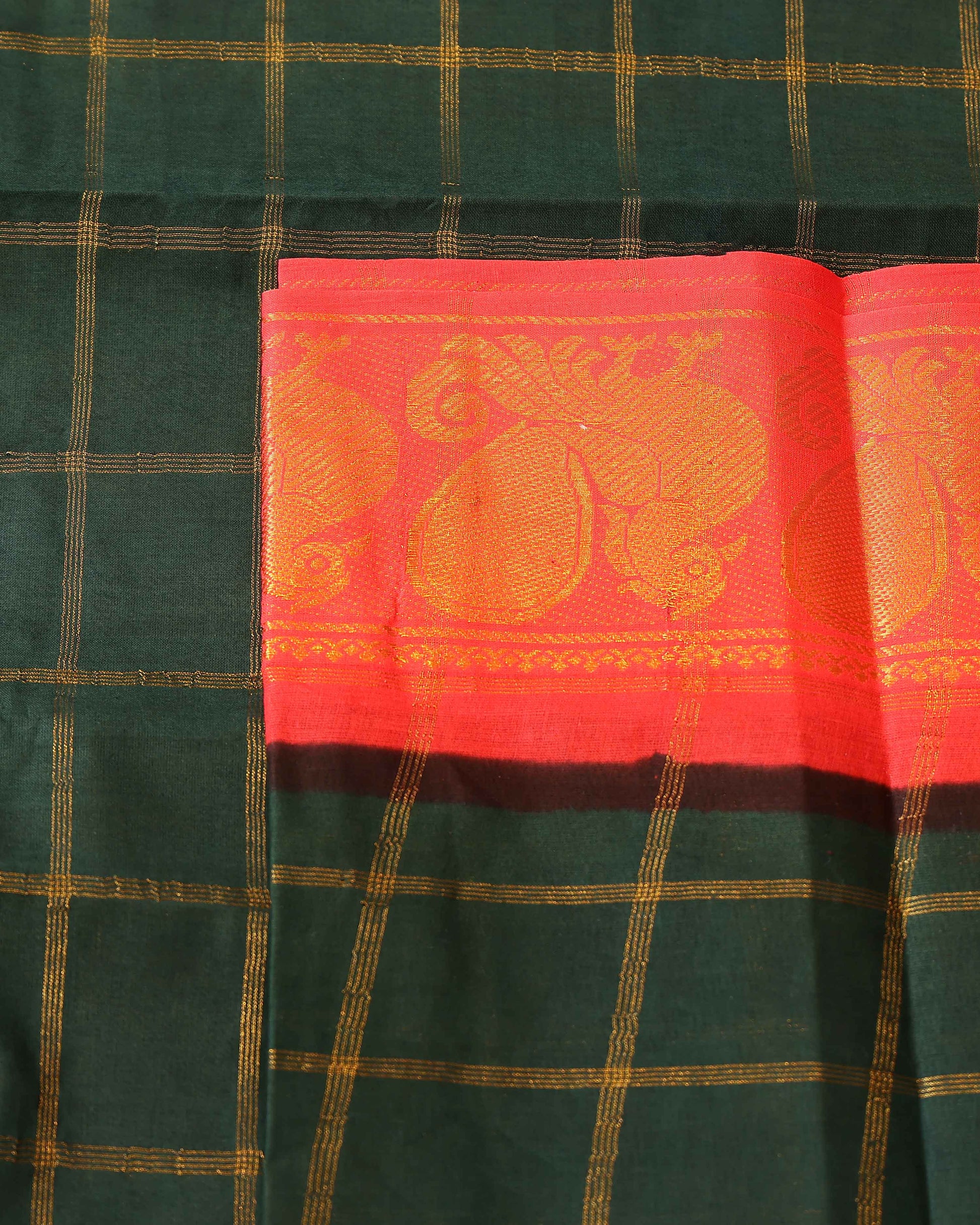 Traditional Sungudi Cotton Saree with Bold Checked Pattern and Intricate Peacock Zari Border - Green
