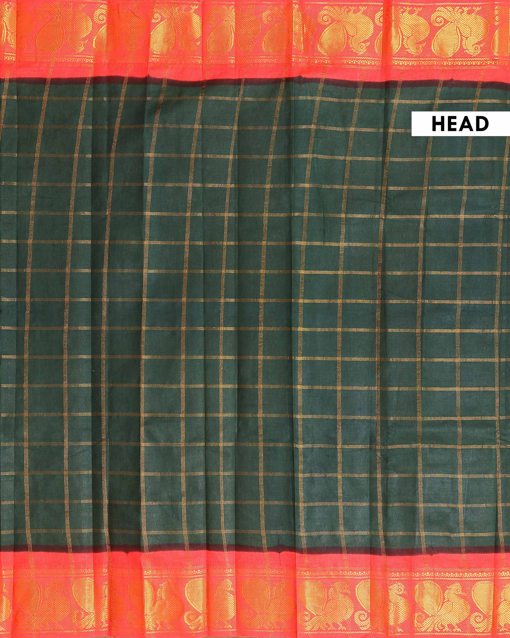 Traditional Sungudi Cotton Saree with Bold Checked Pattern and Intricate Peacock Zari Border - Green