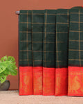 Traditional Sungudi Cotton Saree with Bold Checked Pattern and Intricate Peacock Zari Border - Green