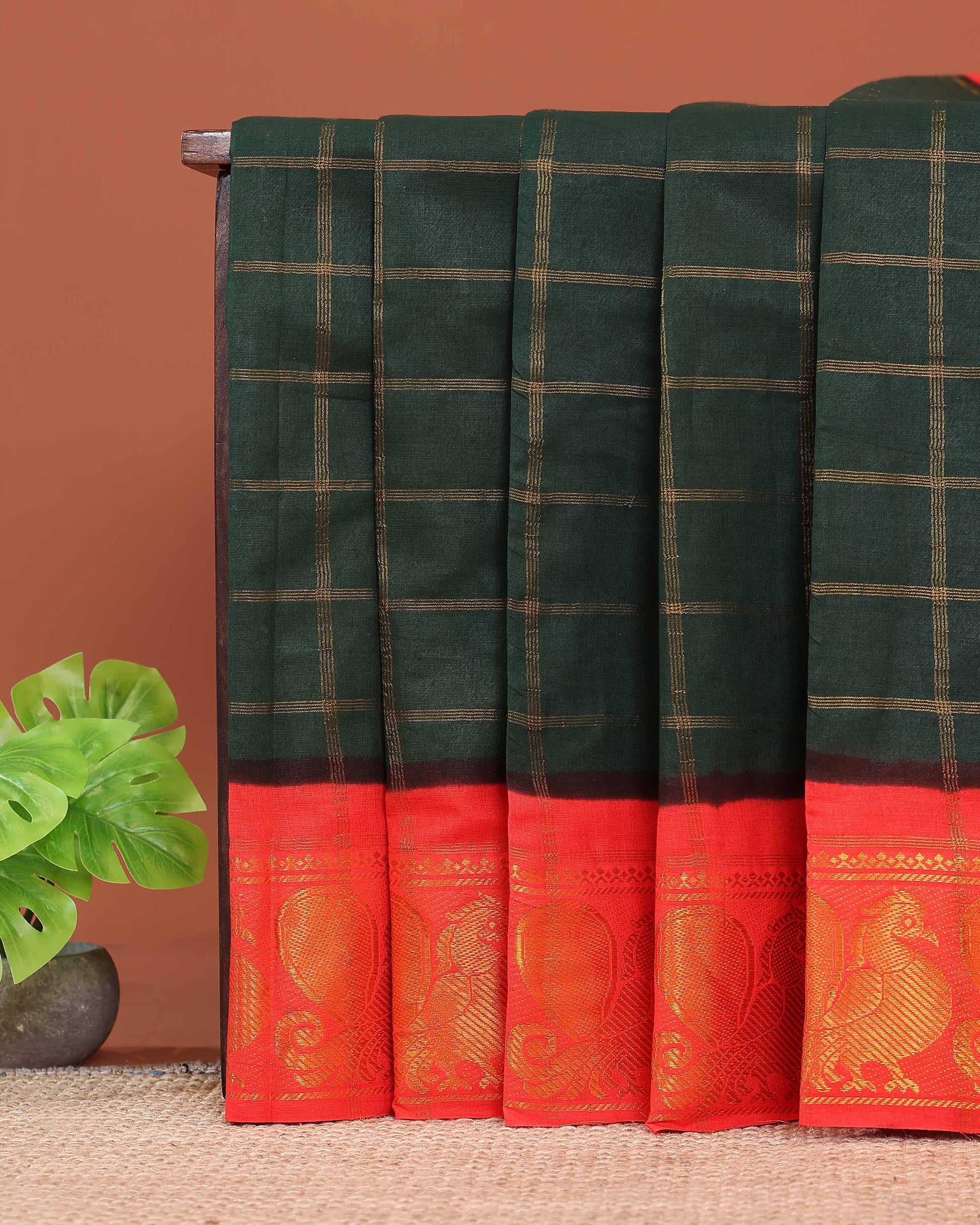 Traditional Sungudi Cotton Saree with Bold Checked Pattern and Intricate Peacock Zari Border - Green