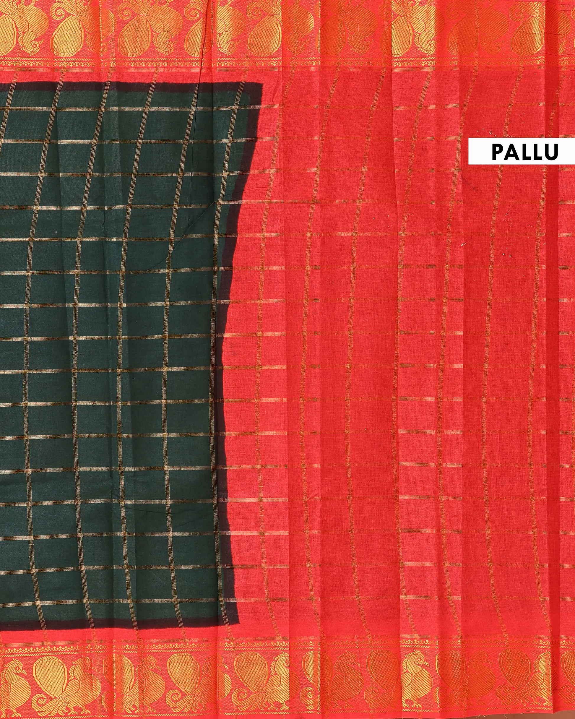Traditional Sungudi Cotton Saree with Bold Checked Pattern and Intricate Peacock Zari Border - Green