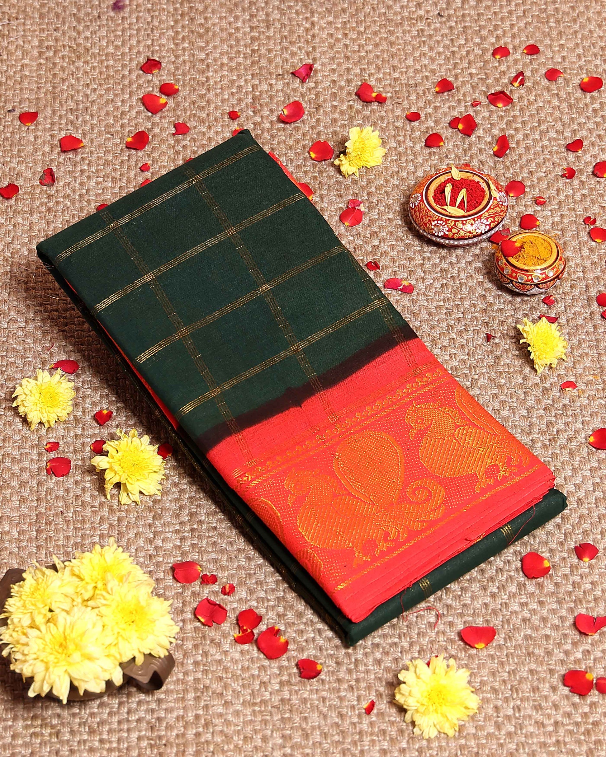 Traditional Sungudi Cotton Saree with Bold Checked Pattern and Intricate Peacock Zari Border - Green