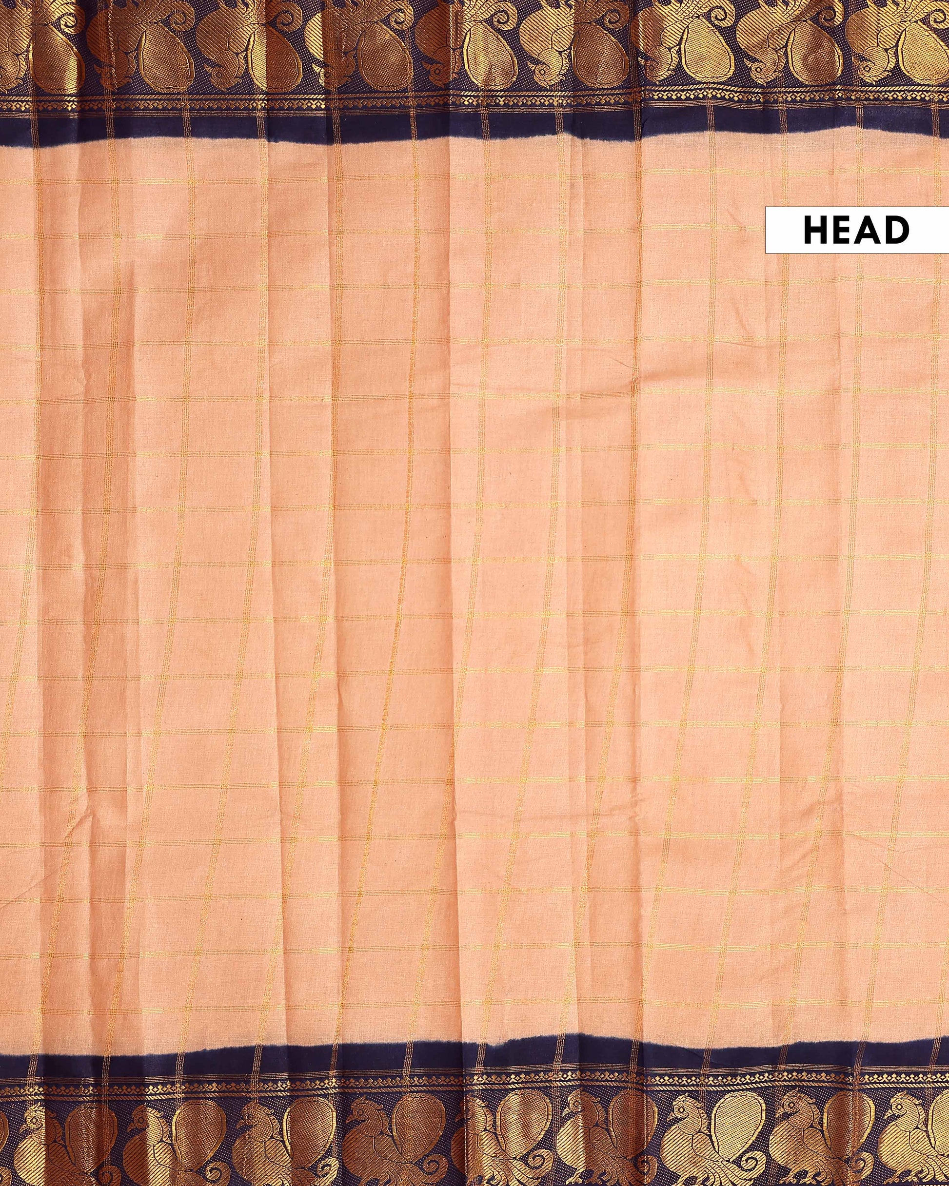 Traditional Sungudi Cotton Saree with Bold Checked Pattern and Intricate Peacock Zari Border - Sandal