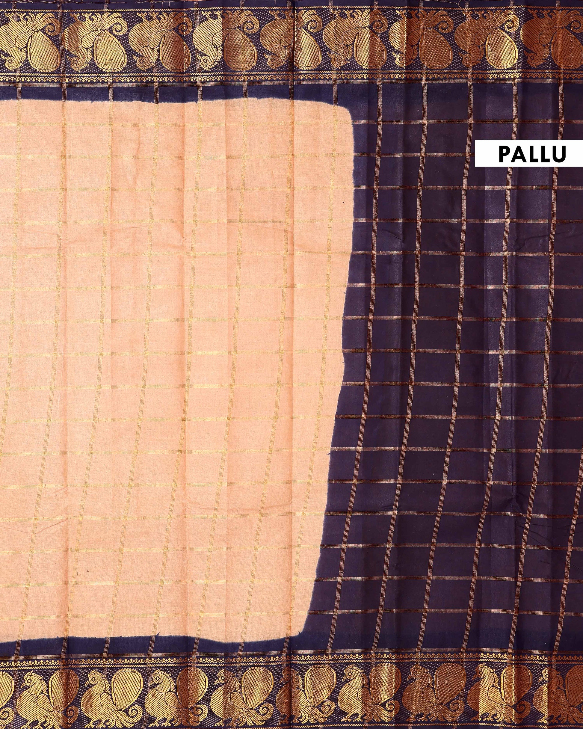 Traditional Sungudi Cotton Saree with Bold Checked Pattern and Intricate Peacock Zari Border - Sandal