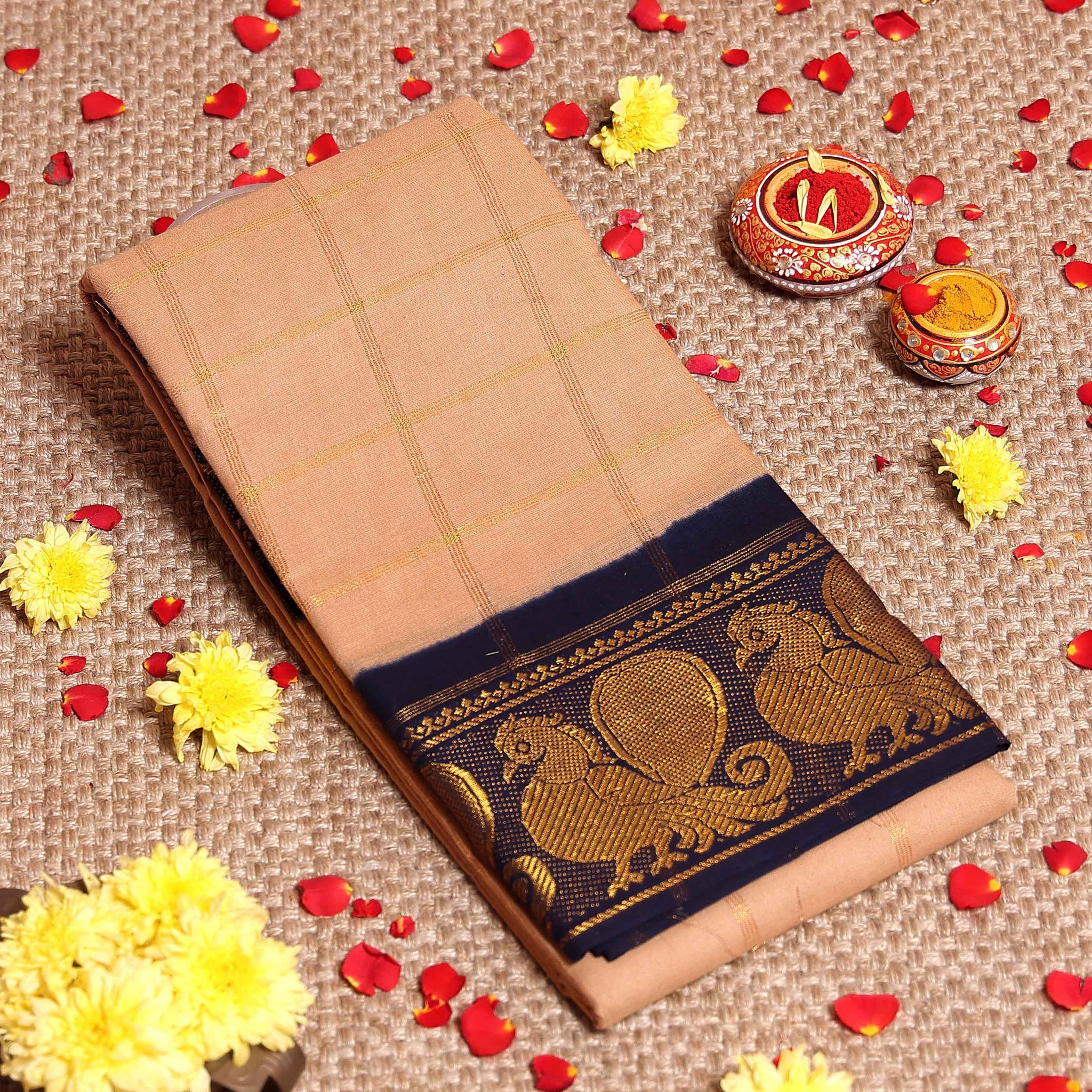 Traditional Sungudi Cotton Saree with Bold Checked Pattern and Intricate Peacock Zari Border - Sandal