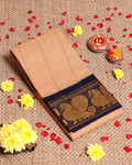 Traditional Sungudi Cotton Saree with Bold Checked Pattern and Intricate Peacock Zari Border - Sandal