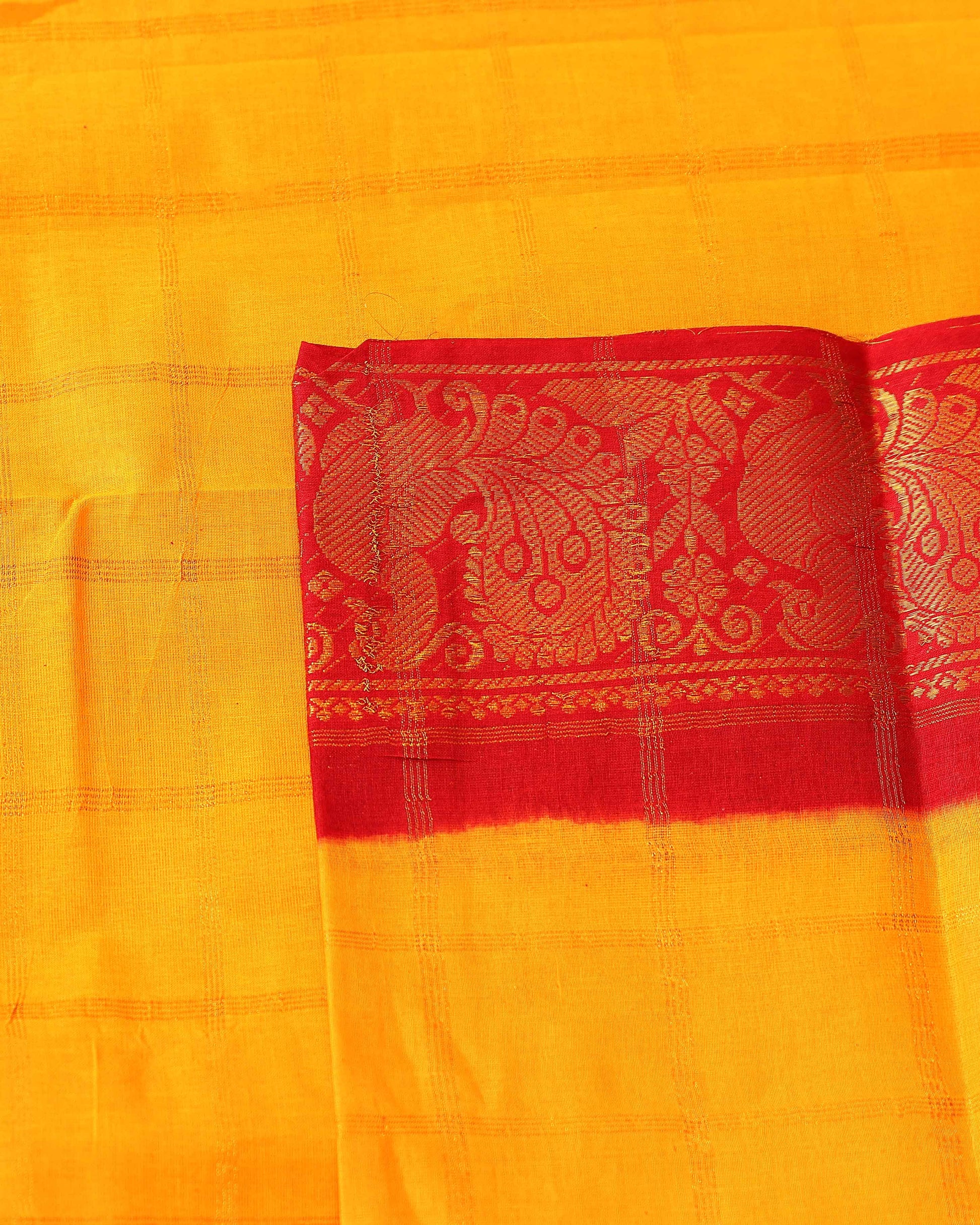 Traditional Sungudi Cotton Saree with Bold Checked Pattern and Intricate Peacock Zari Border - Yellow