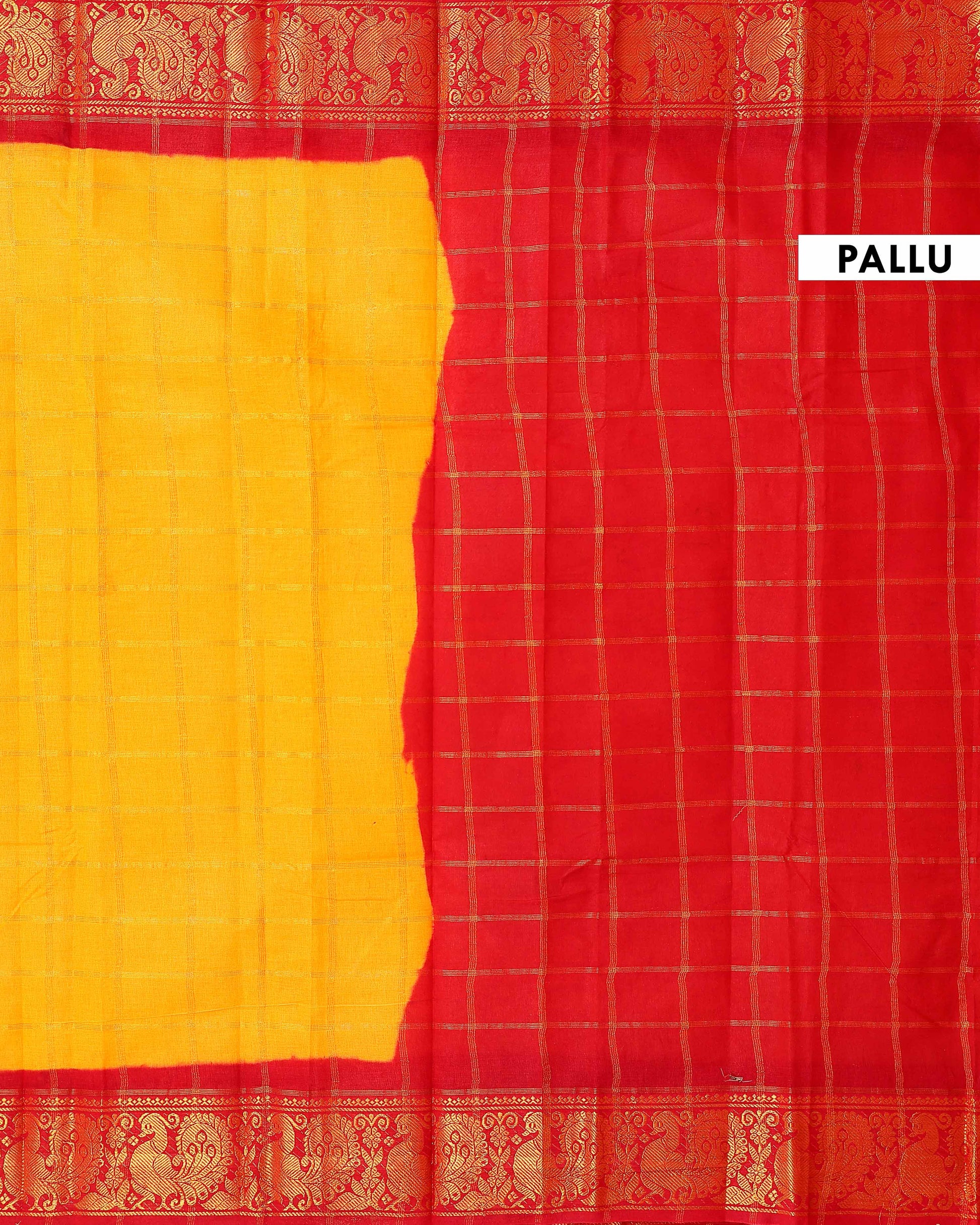 Traditional Sungudi Cotton Saree with Bold Checked Pattern and Intricate Peacock Zari Border - Yellow