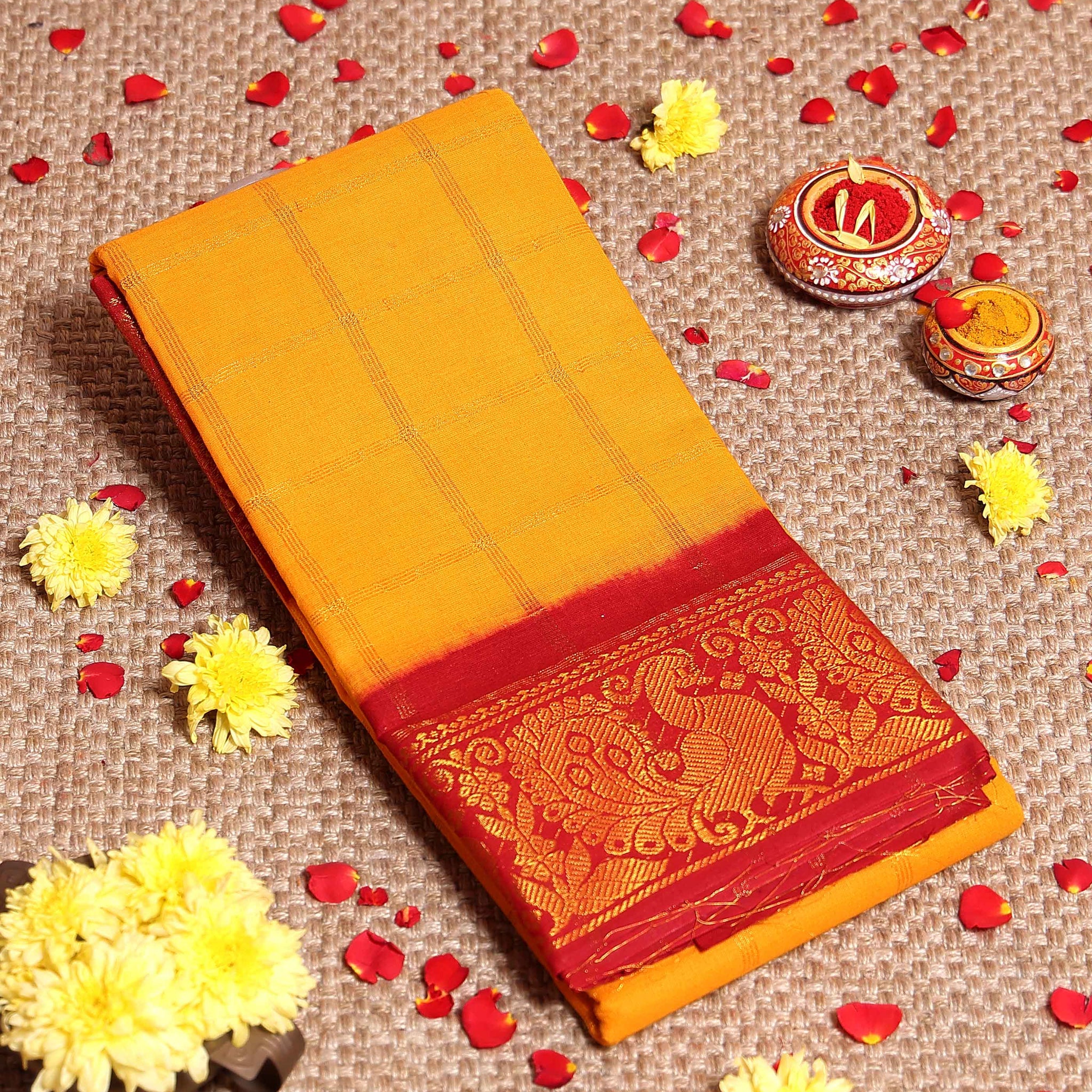 Traditional Sungudi Cotton Saree with Bold Checked Pattern and Intricate Peacock Zari Border - Yellow