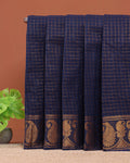 Traditional Sungudi Cotton Saree with Classic Checked Weave and Intricate Zari Peacock Border - Navy Blue