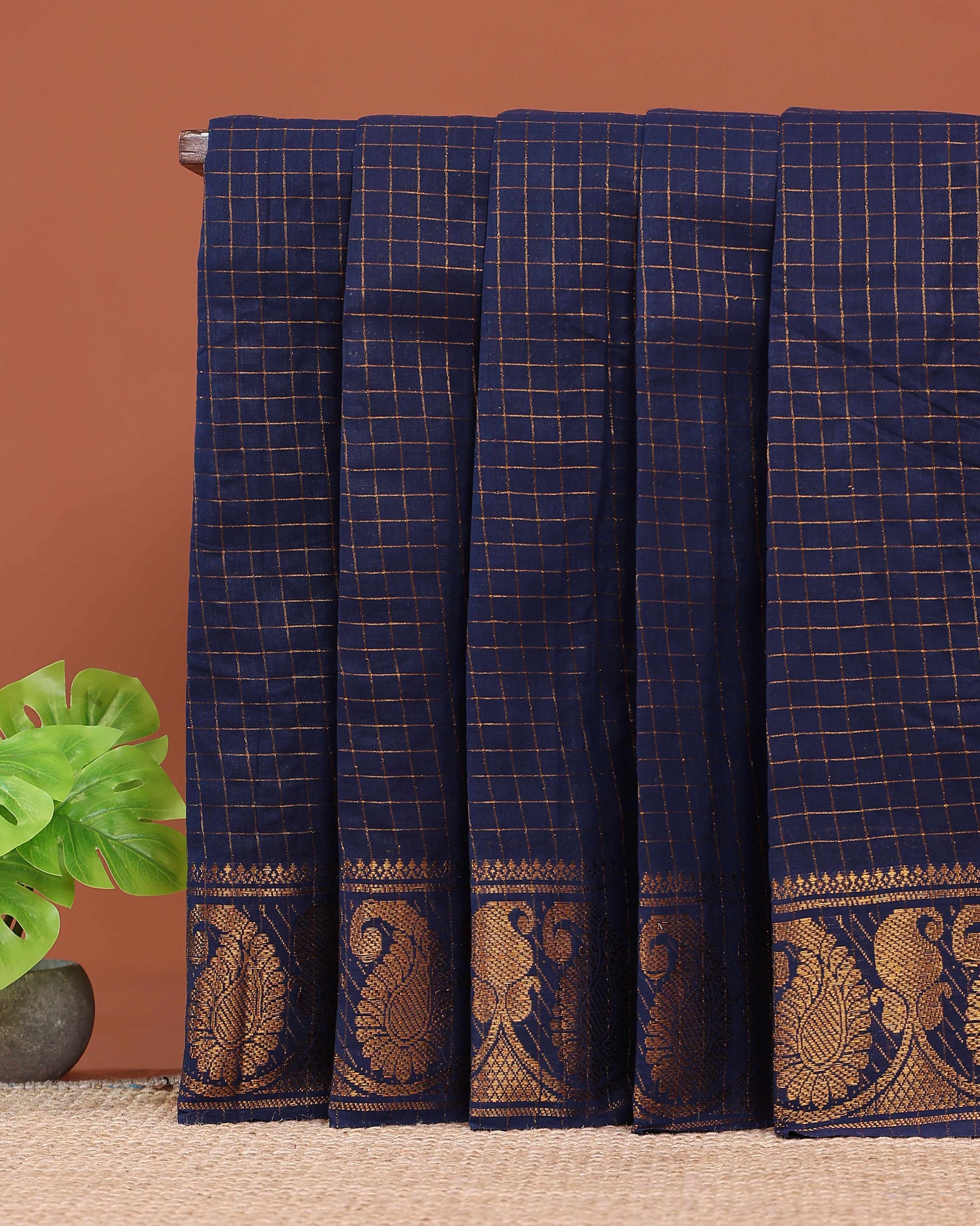 Traditional Sungudi Cotton Saree with Classic Checked Weave and Intricate Zari Peacock Border - Navy Blue