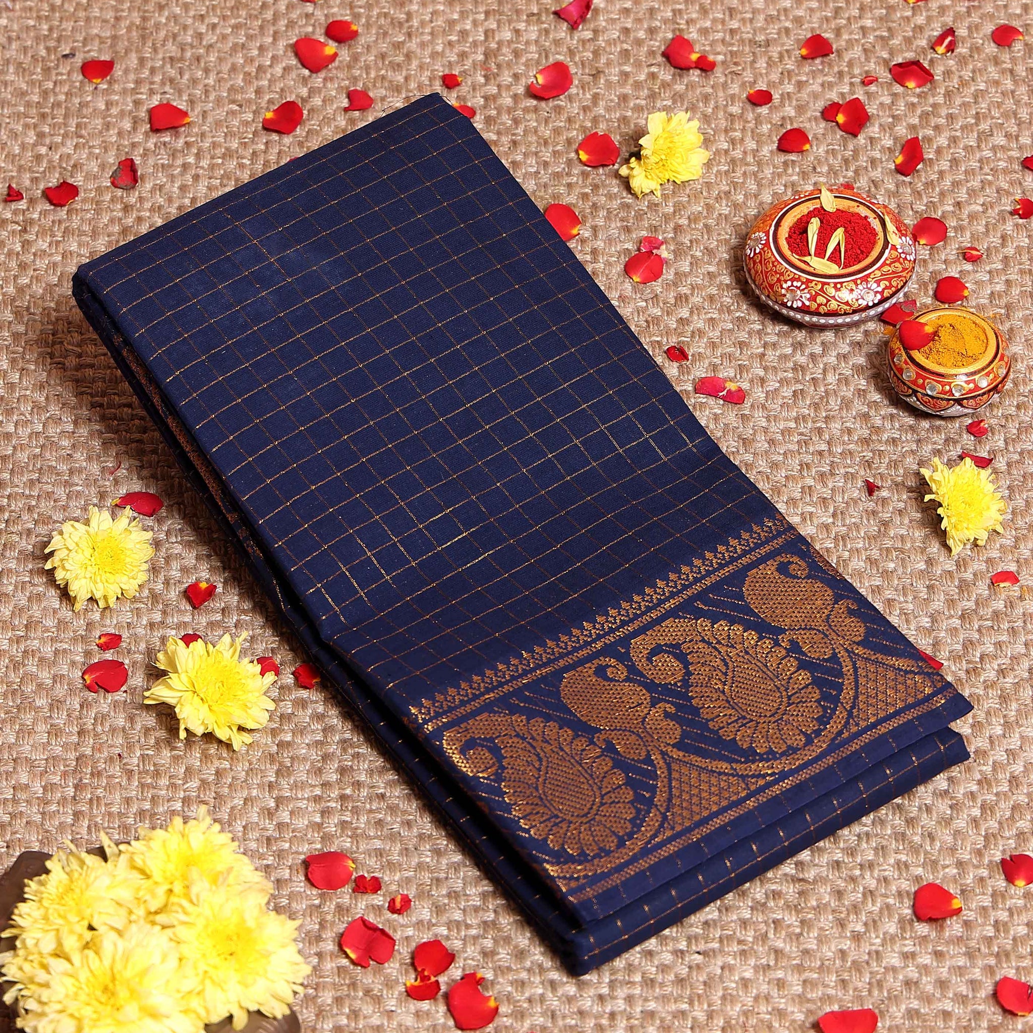 Traditional Sungudi Cotton Saree with Classic Checked Weave and Intricate Zari Peacock Border - Navy Blue