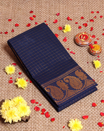 Traditional Sungudi Cotton Saree with Classic Checked Weave and Intricate Zari Peacock Border - Navy Blue