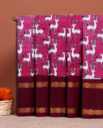 Traditional Sungudi Cotton Saree with Distinctive Animal Pattern and Embellished - Pink