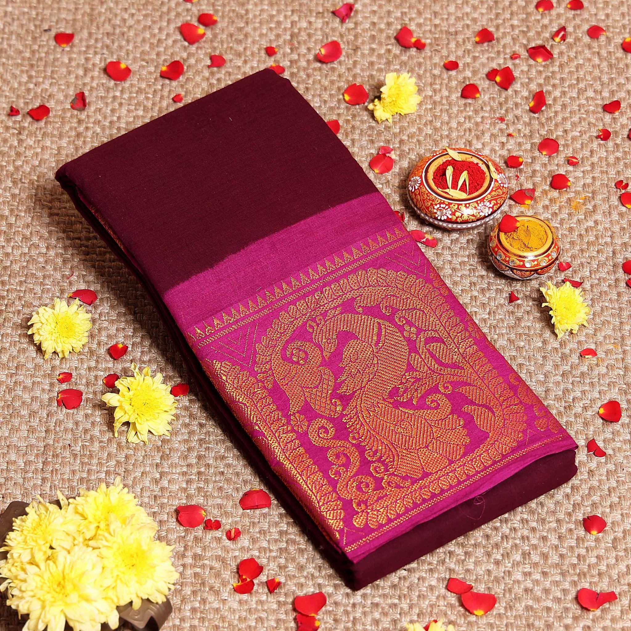 Traditional Sungudi Cotton Saree with Elegant Peacock Zari Border and Plain Body Design - Maroon