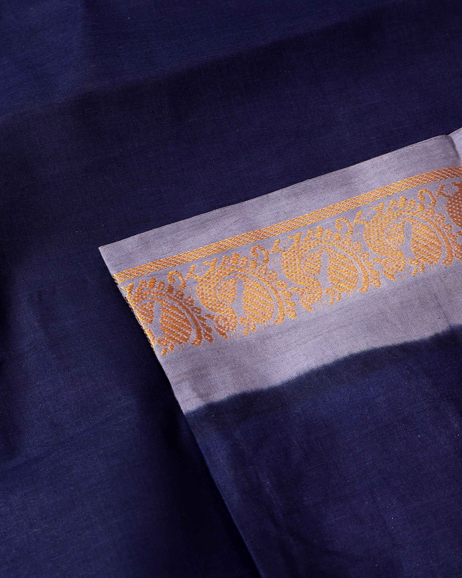 Traditional Sungudi Cotton Saree with Elegant Peacock Zari Border and Plain Body Design - Navy Blue