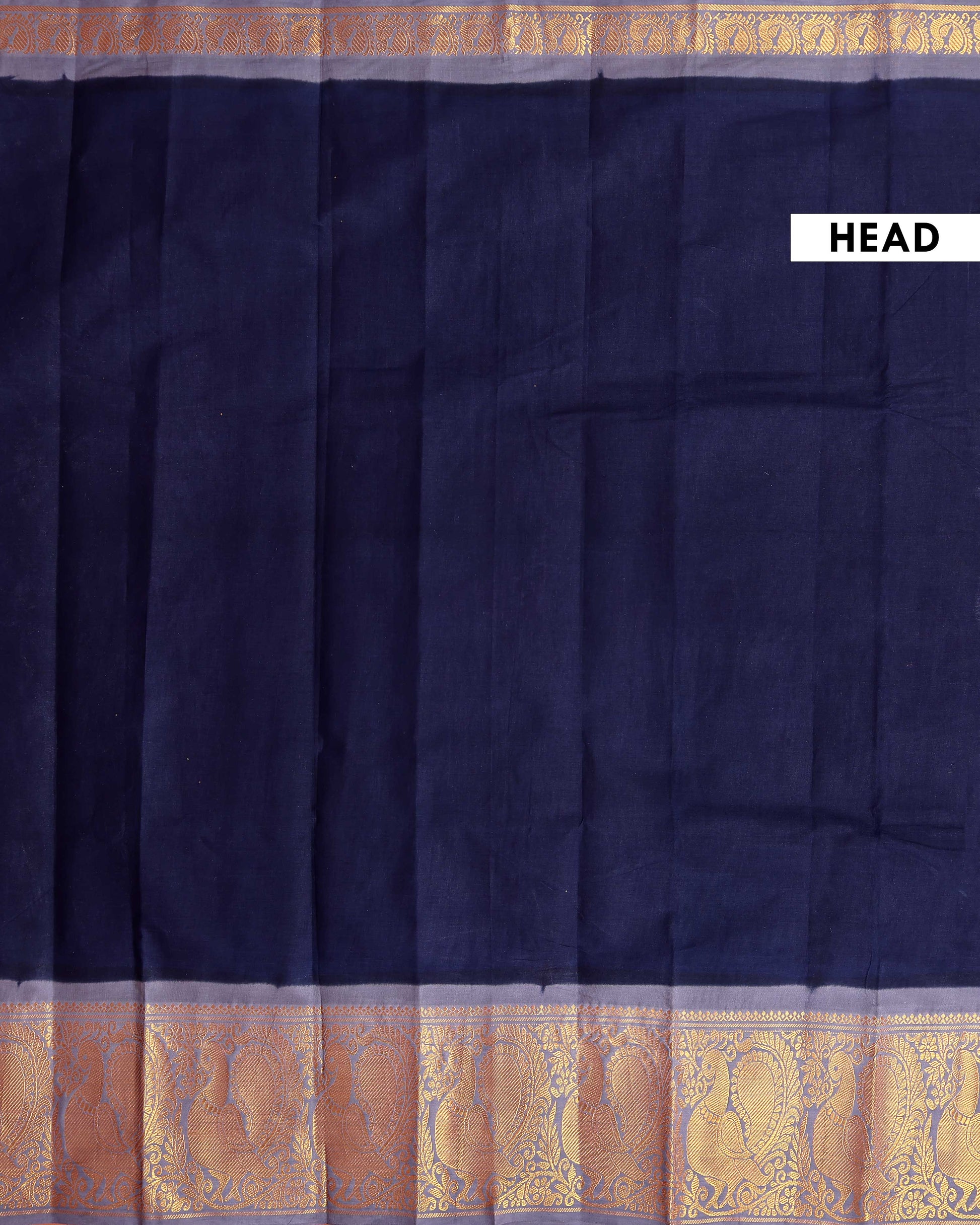 Traditional Sungudi Cotton Saree with Elegant Peacock Zari Border and Plain Body Design - Navy Blue