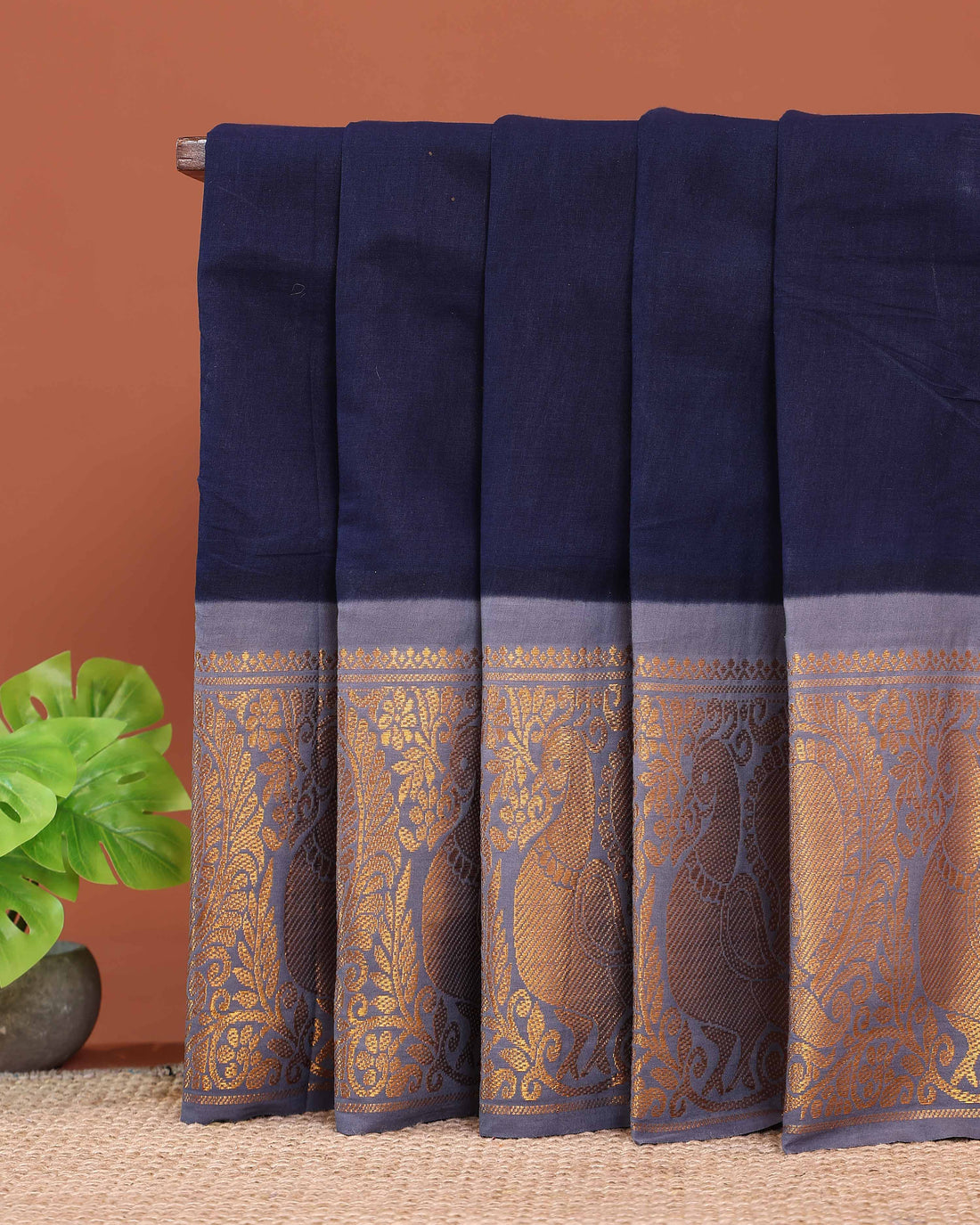 Traditional Sungudi Cotton Saree with Elegant Peacock Zari Border and Plain Body Design - Navy Blue