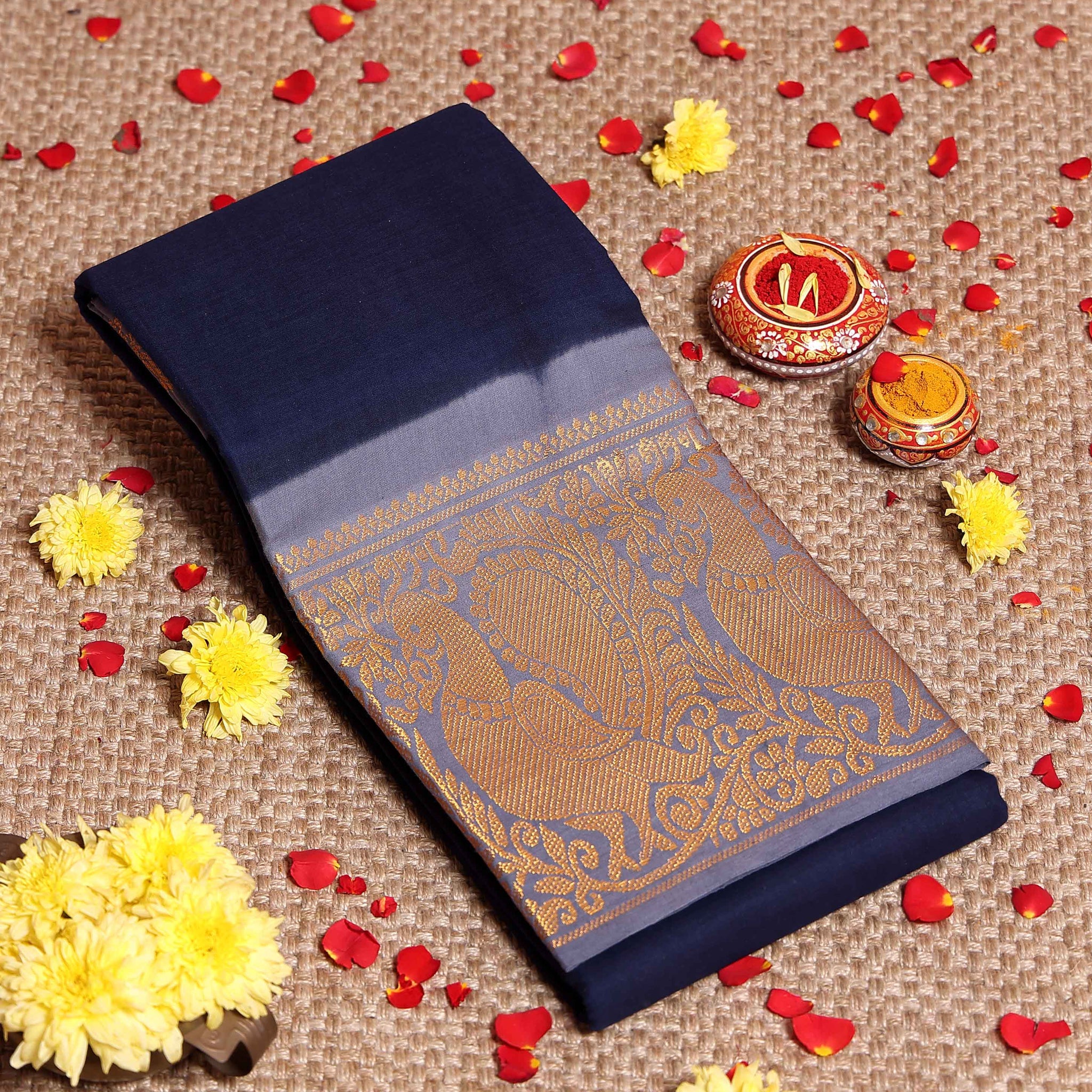 Traditional Sungudi Cotton Saree with Elegant Peacock Zari Border and Plain Body Design - Navy Blue