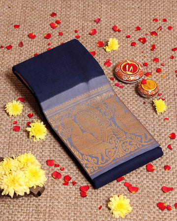 Traditional Sungudi Cotton Saree with Elegant Peacock Zari Border and Plain Body Design - Navy Blue