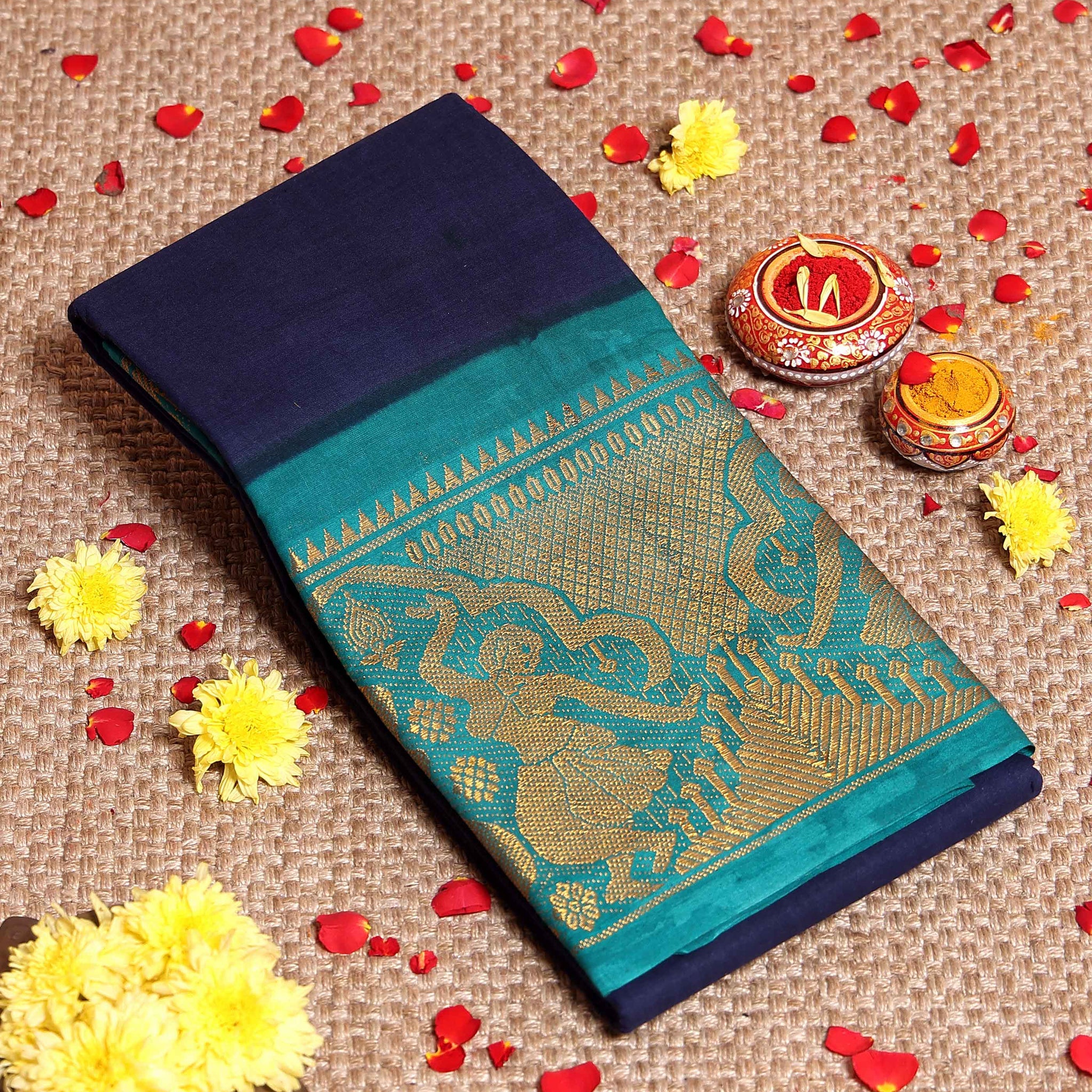 Traditional Sungudi Cotton Saree with Elegant Zari Border and Plain Body Design - Navy Blue