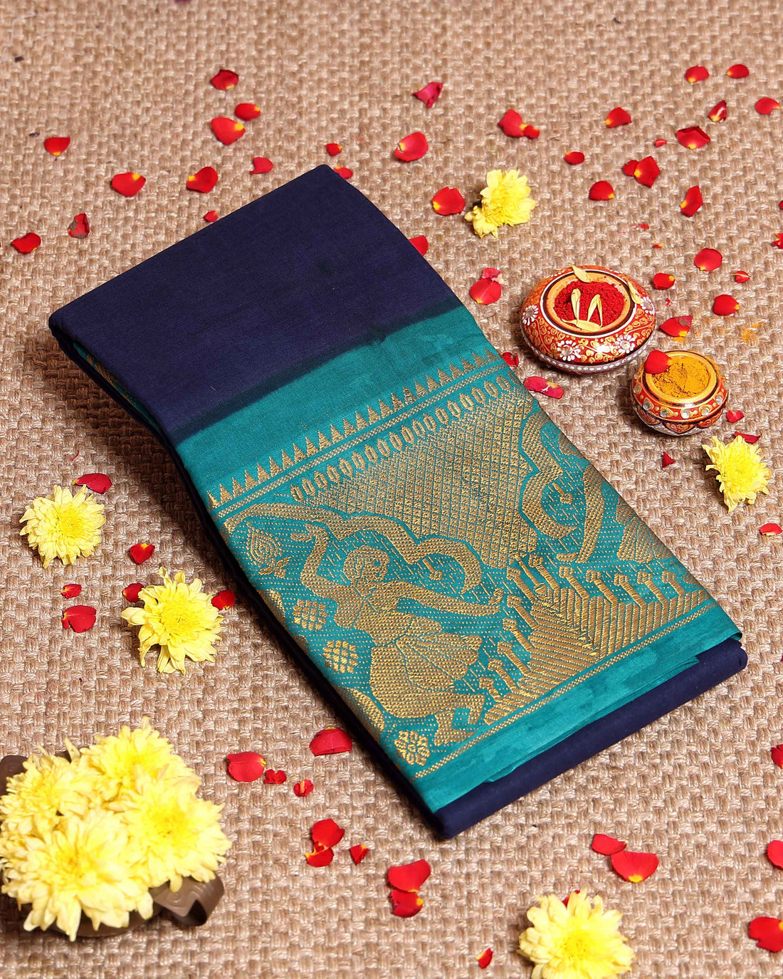 Traditional Sungudi Cotton Saree with Elegant Zari Border and Plain Body Design - Navy Blue