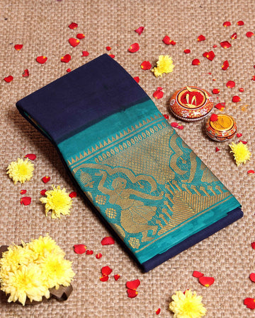 Traditional Sungudi Cotton Saree with Elegant Zari Border and Plain Body Design - Navy Blue