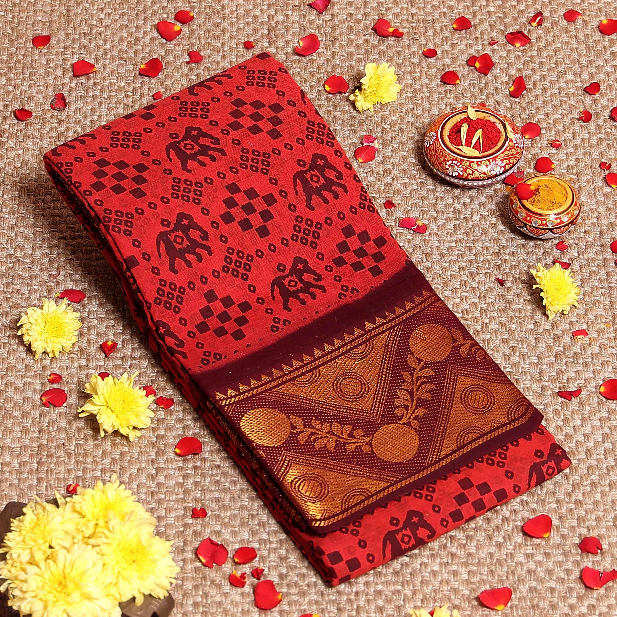 Traditional Sungudi Cotton Saree with Elephant Motif Print and Elegant Zari Woven Border - Red