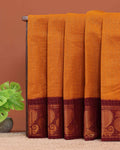 Traditional Sungudi Cotton Saree with Fine Checked Weave and Contrasting Zari Peacock Border - Mustard