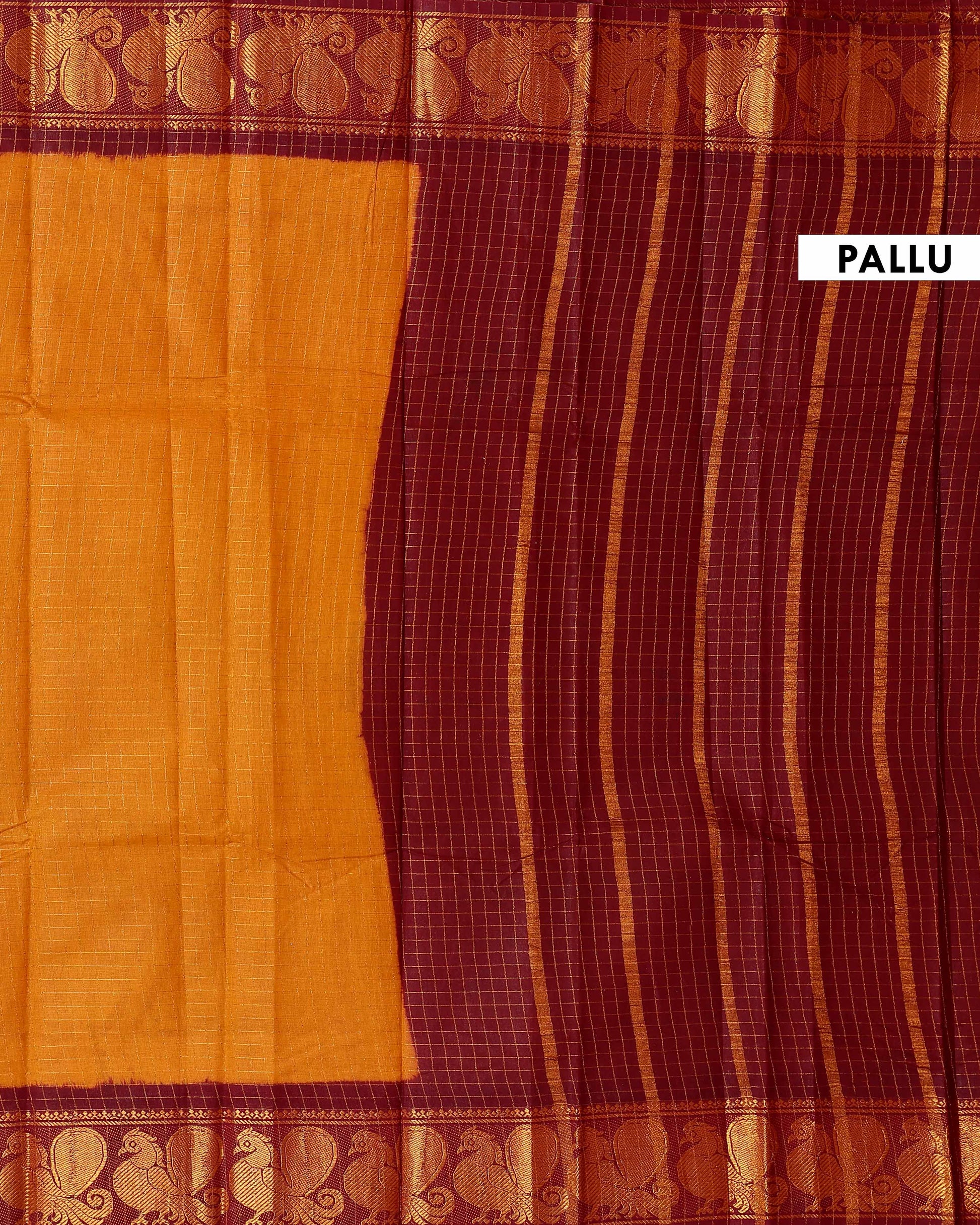 Traditional Sungudi Cotton Saree with Fine Checked Weave and Contrasting Zari Peacock Border - Mustard