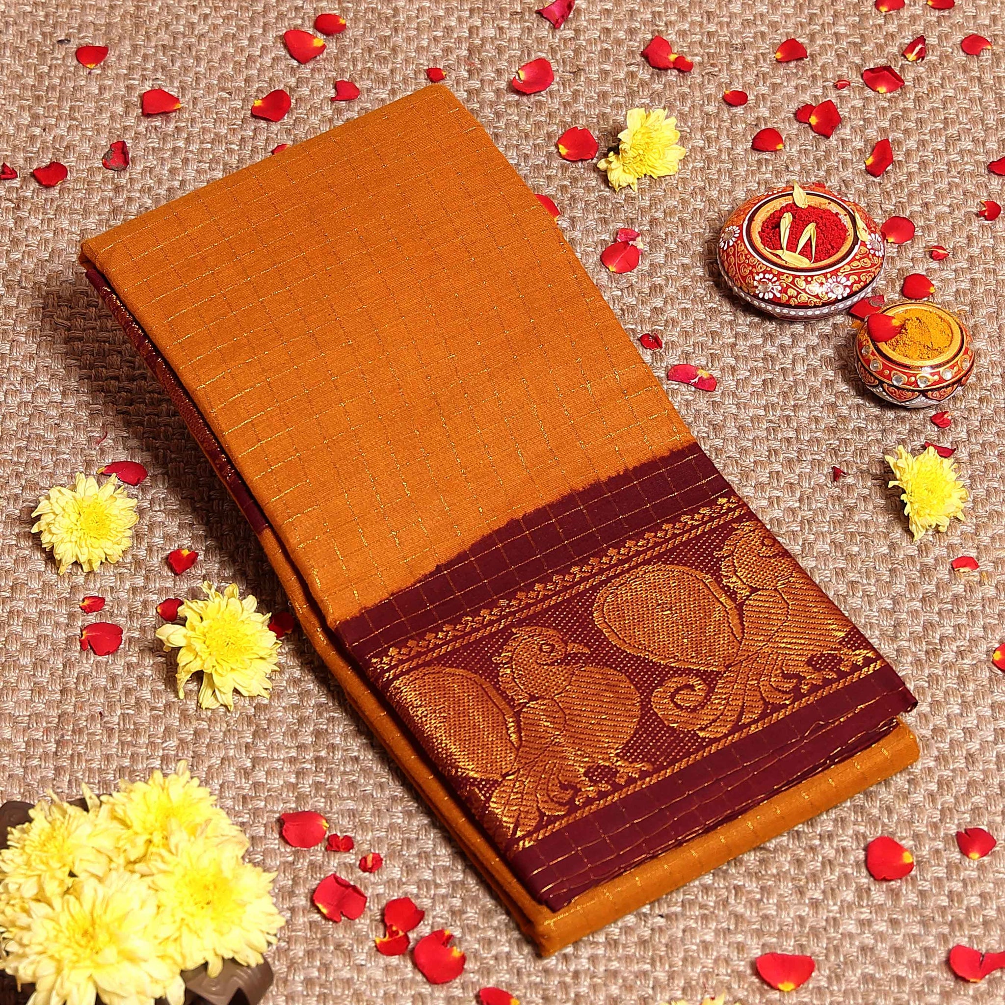 Traditional Sungudi Cotton Saree with Fine Checked Weave and Contrasting Zari Peacock Border - Mustard