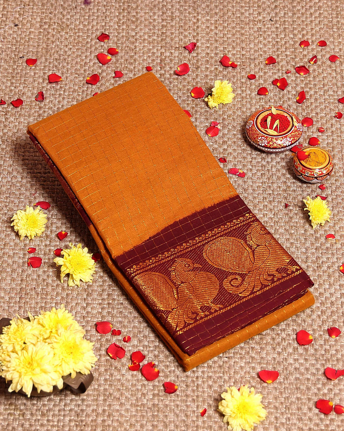 Traditional Sungudi Cotton Saree with Fine Checked Weave and Contrasting Zari Peacock Border - Mustard