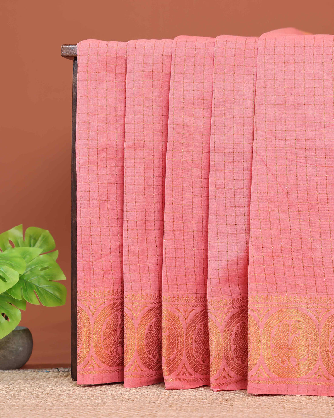 Traditional Sungudi Cotton Saree with Fine Checked Weave and Intricate Zari Border - Peach