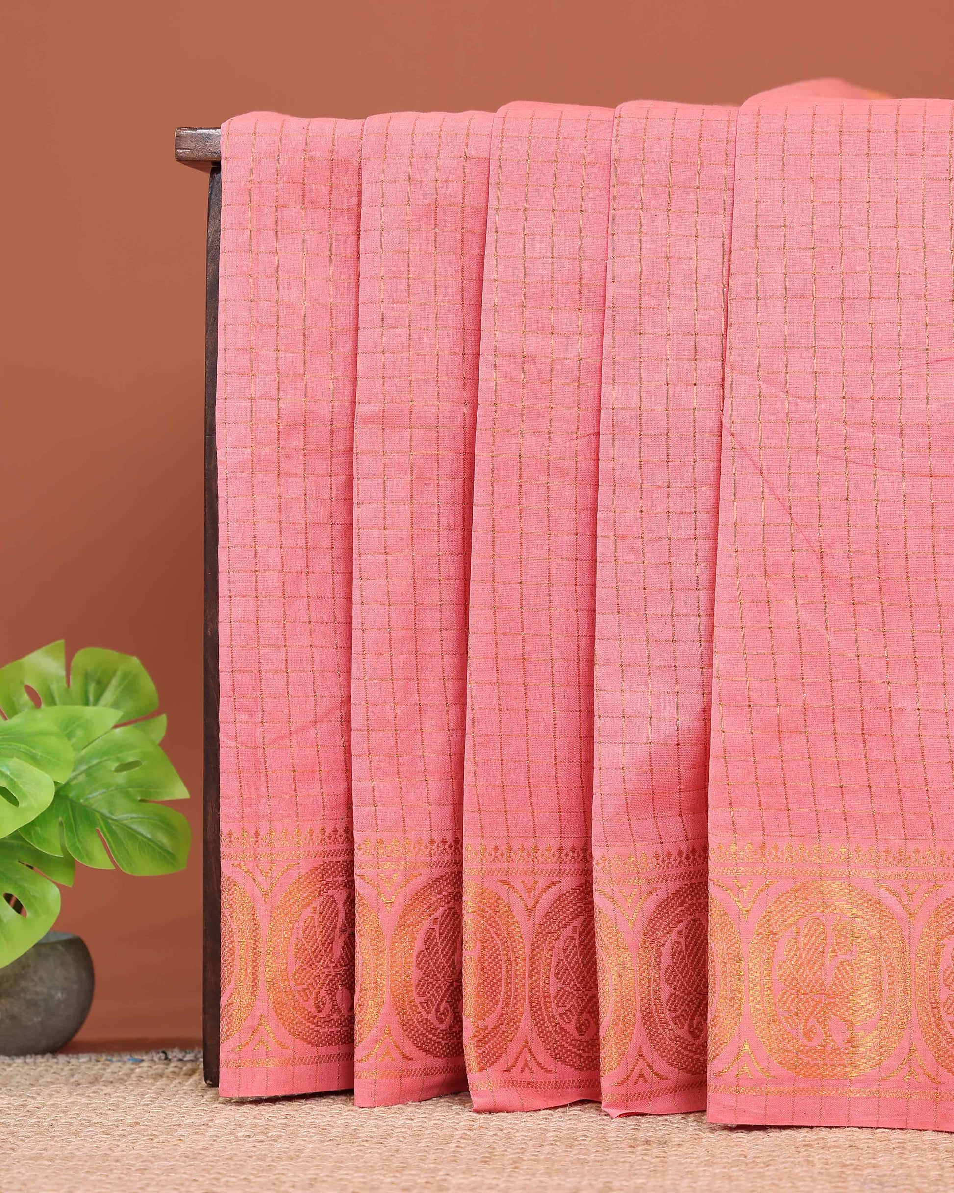 Traditional Sungudi Cotton Saree with Fine Checked Weave and Intricate Zari Border - Peach