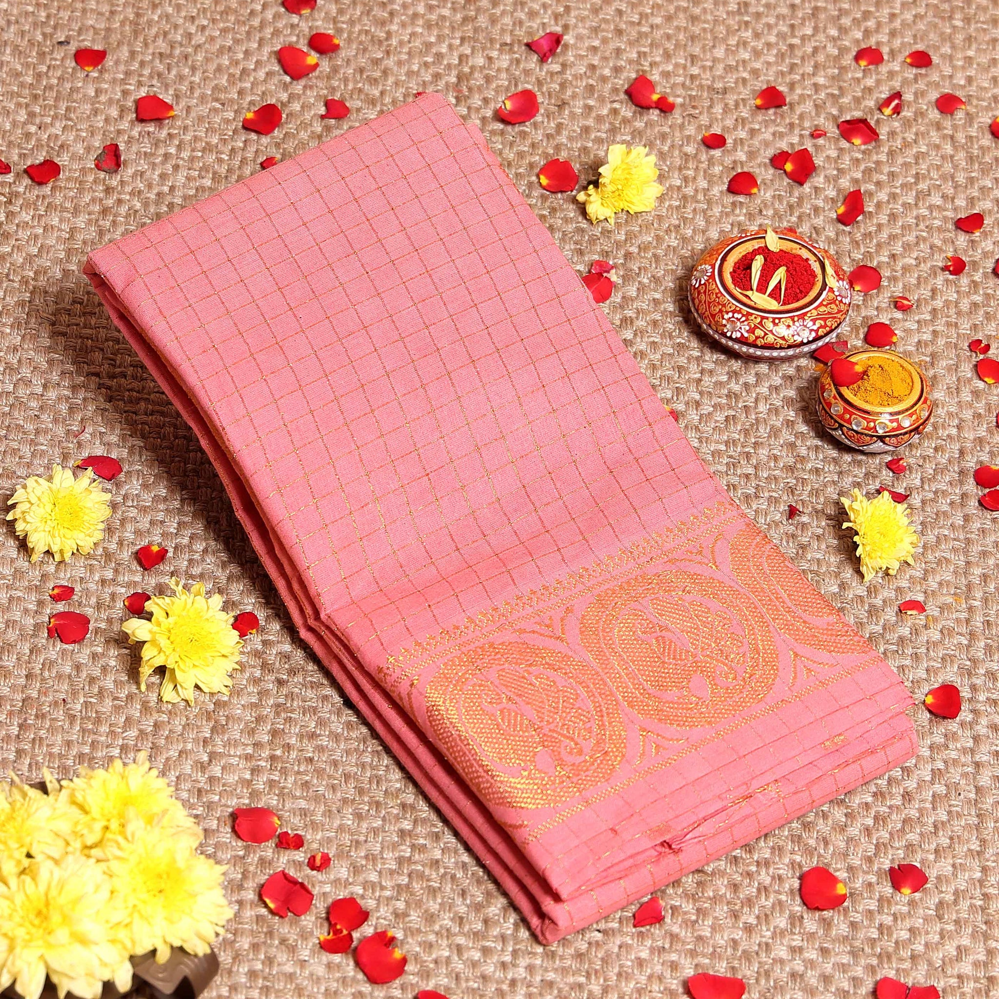 Traditional Sungudi Cotton Saree with Fine Checked Weave and Intricate Zari Border - Peach