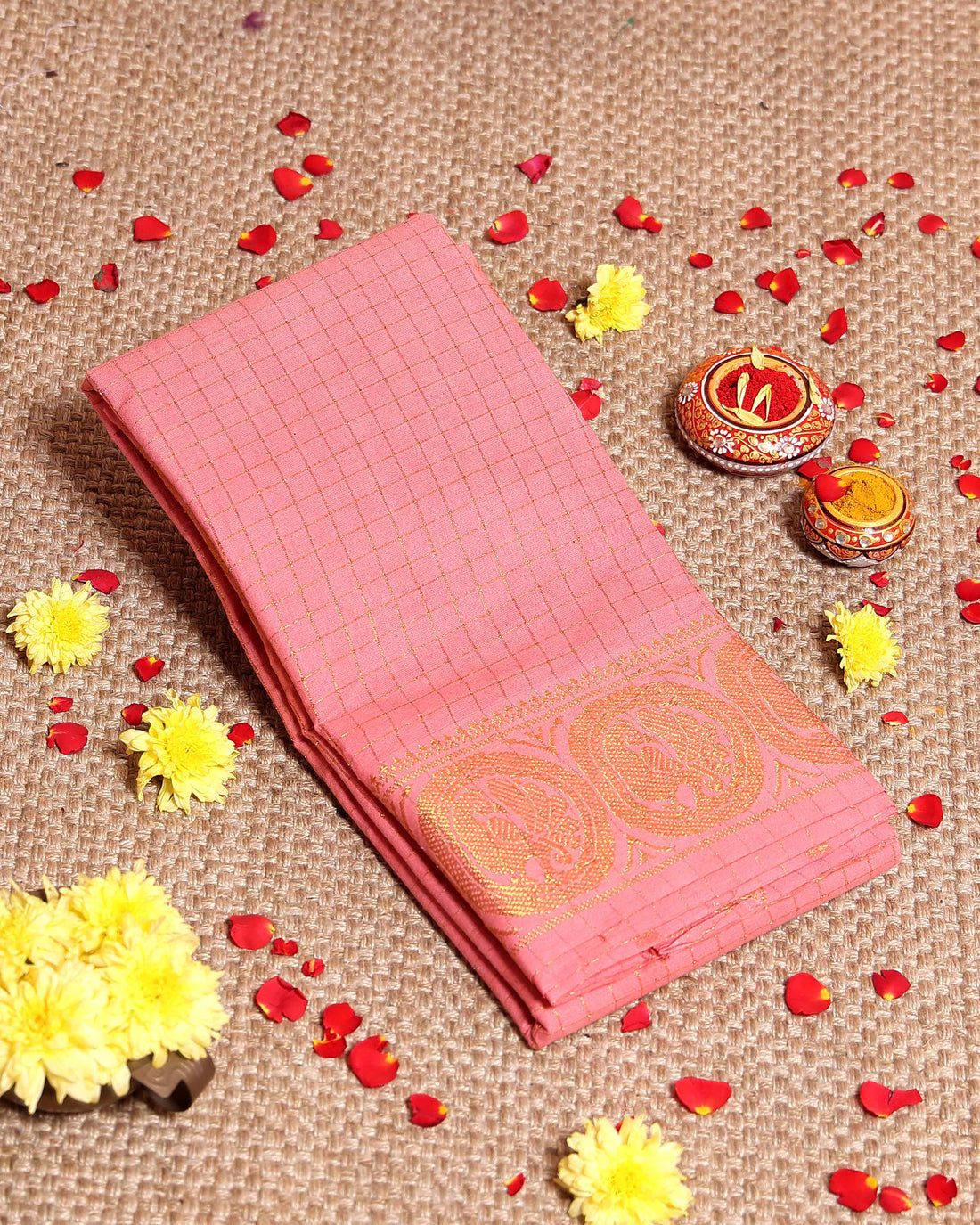 Traditional Sungudi Cotton Saree with Fine Checked Weave and Intricate Zari Border - Peach