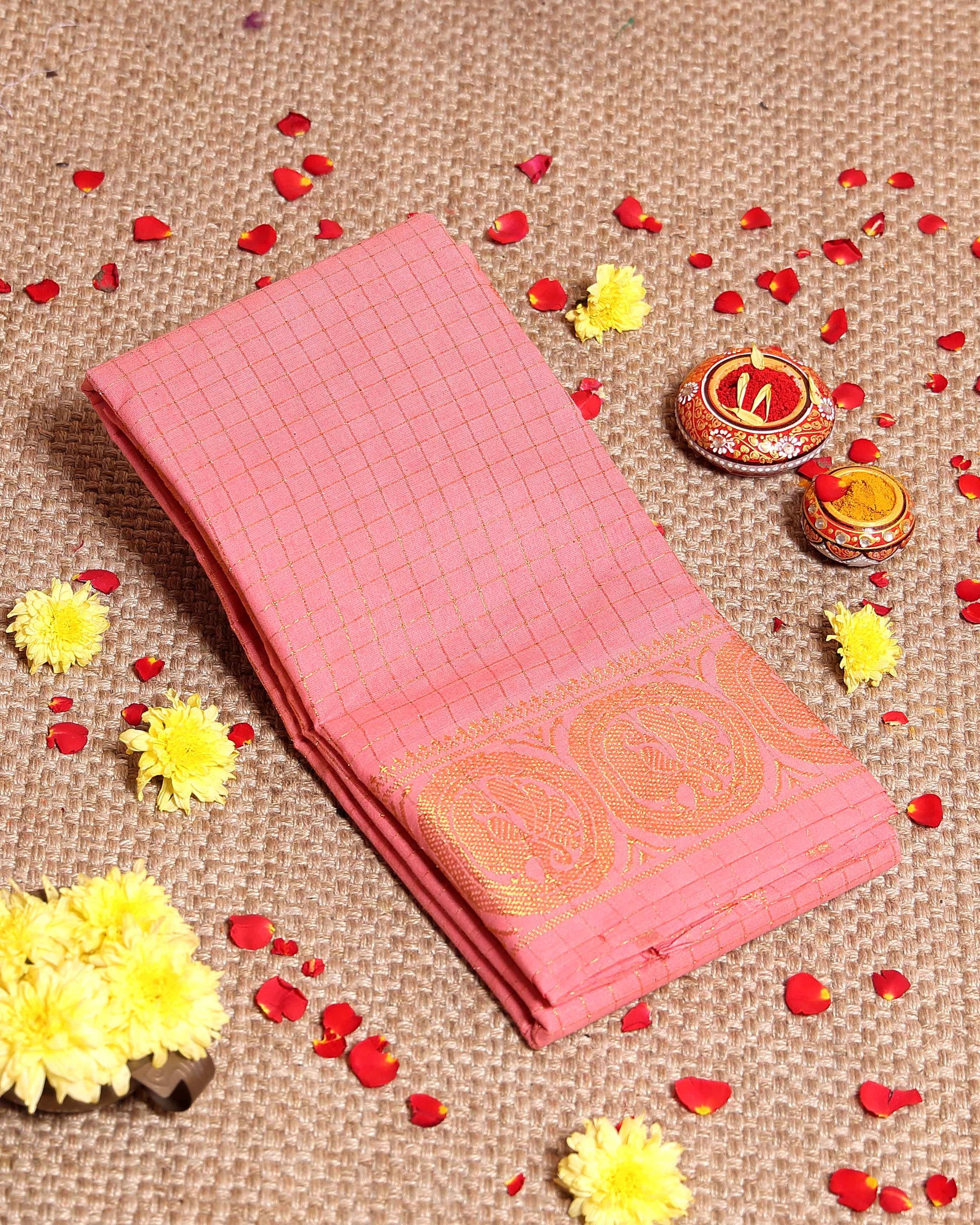 Traditional Sungudi Cotton Saree with Fine Checked Weave and Intricate Zari Border - Peach