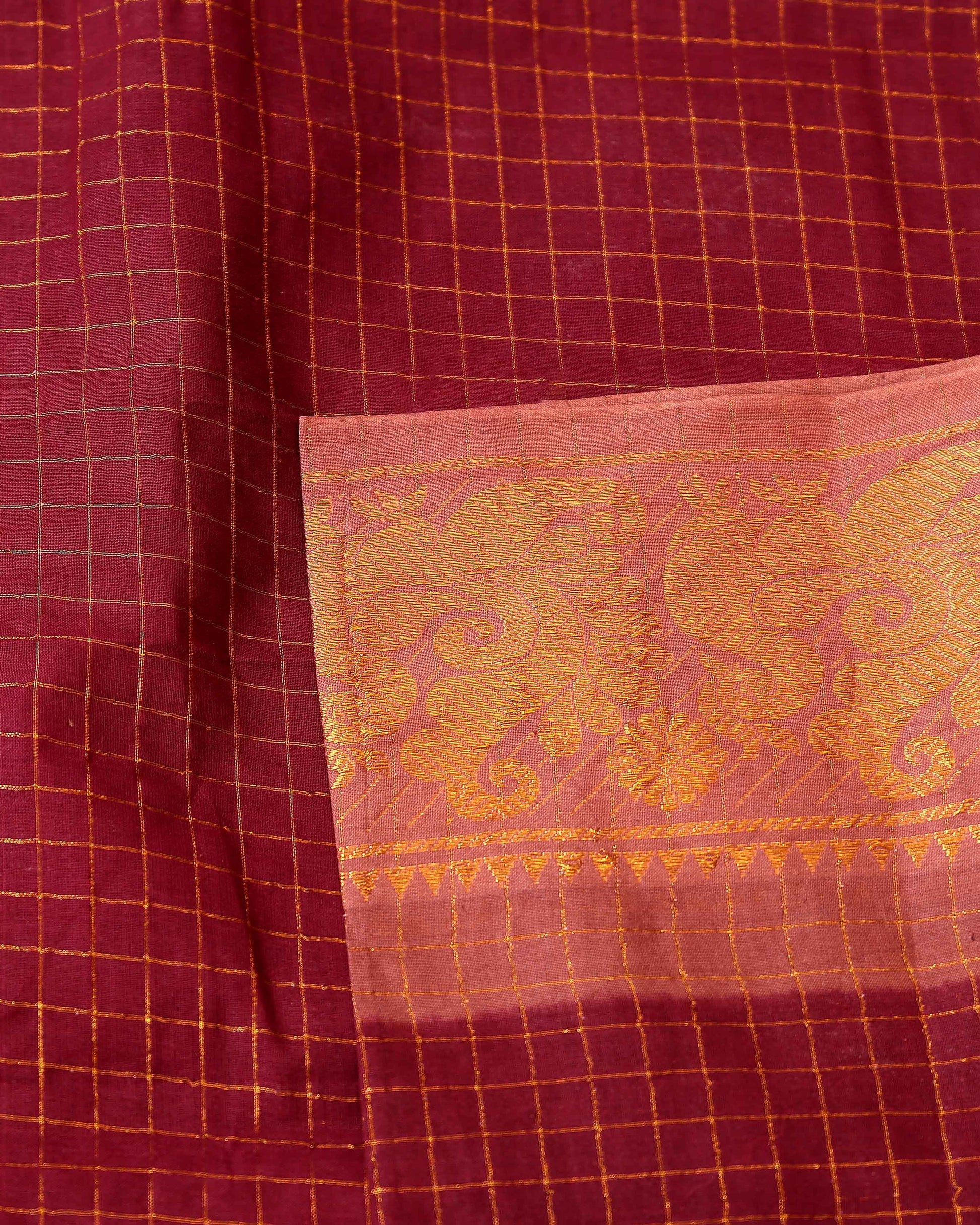 Traditional Sungudi Cotton Saree with Fine Checked Weave and Ornate Zari Floral Border - Maroon