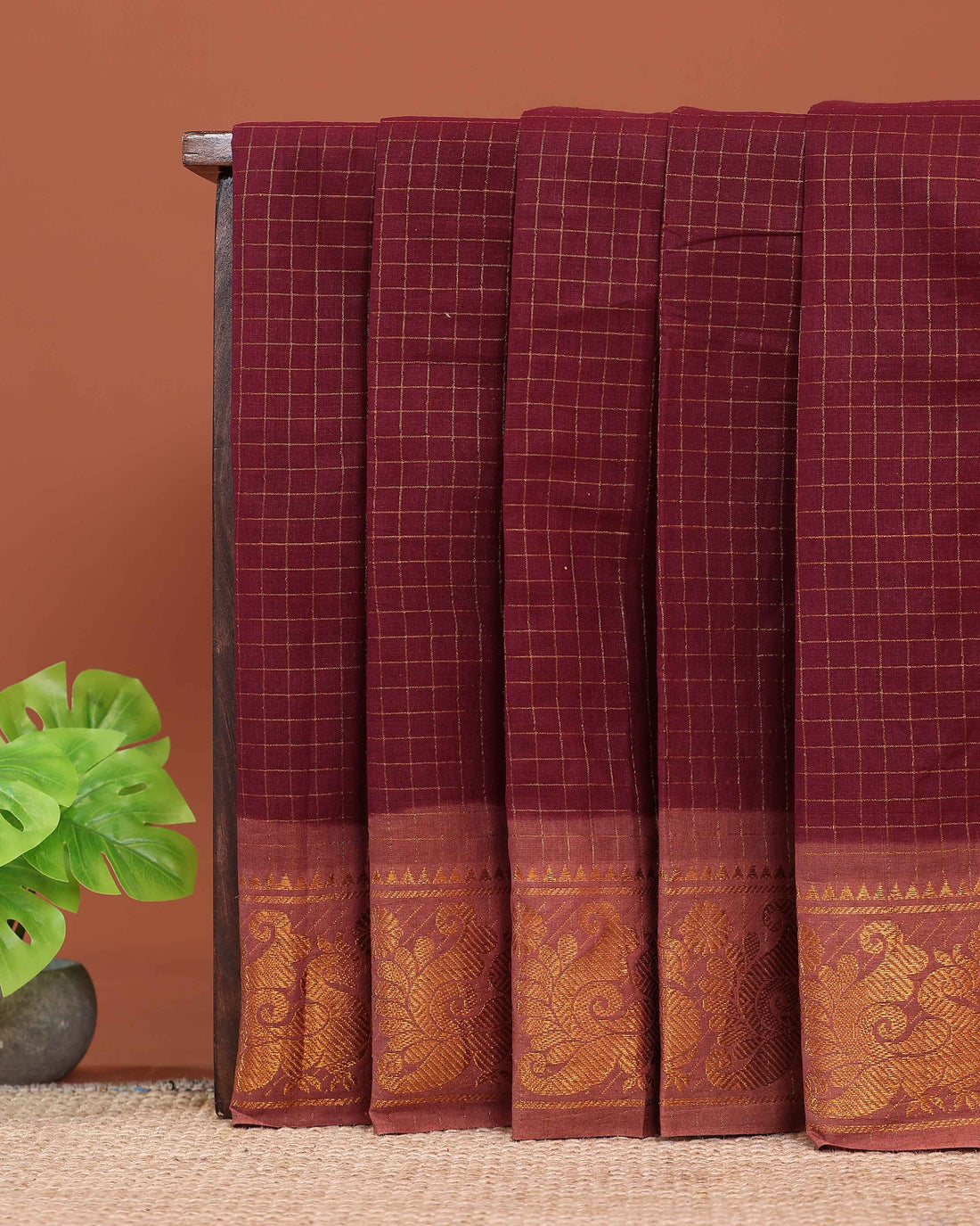 Traditional Sungudi Cotton Saree with Fine Checked Weave and Ornate Zari Floral Border - Maroon