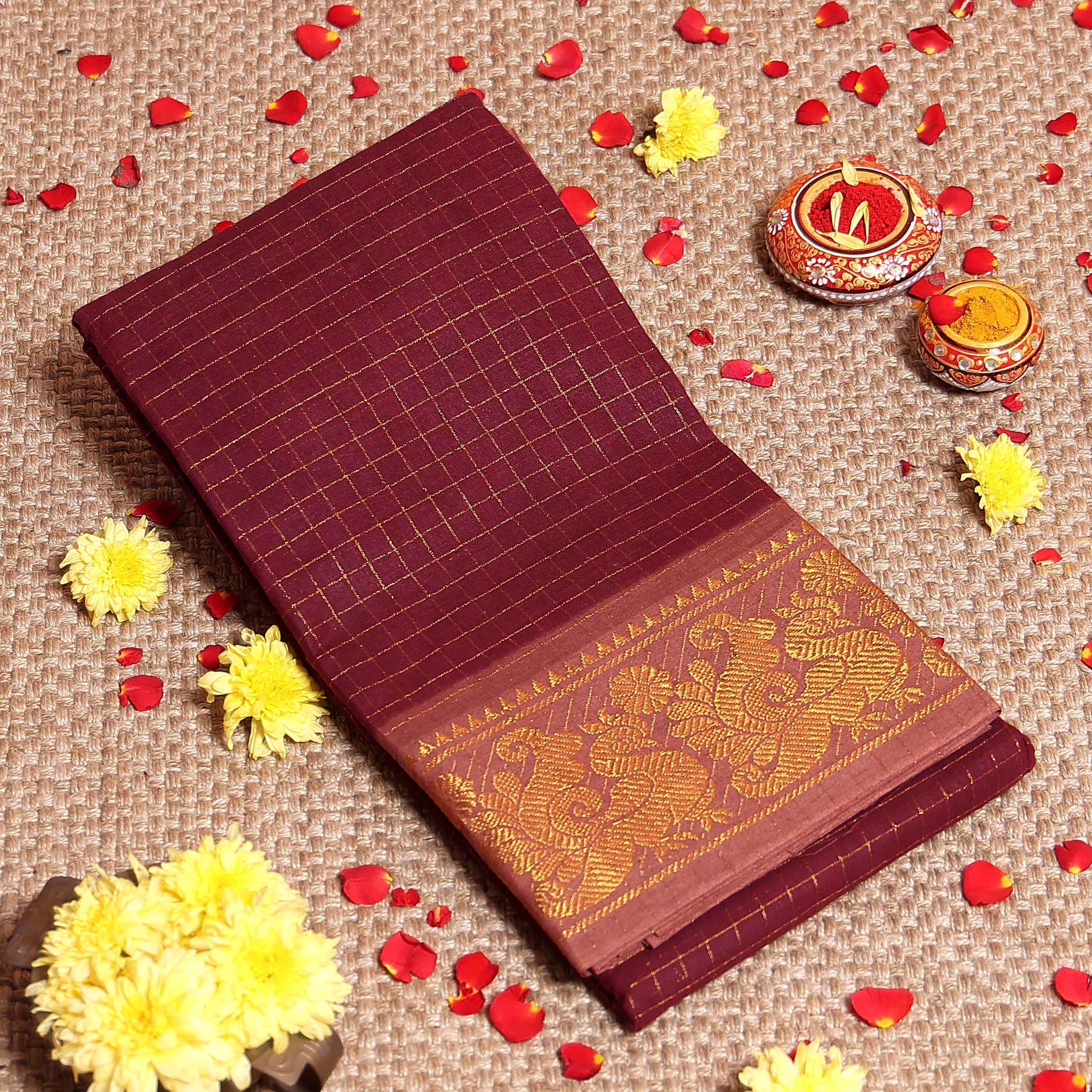 Traditional Sungudi Cotton Saree with Fine Checked Weave and Ornate Zari Floral Border - Maroon