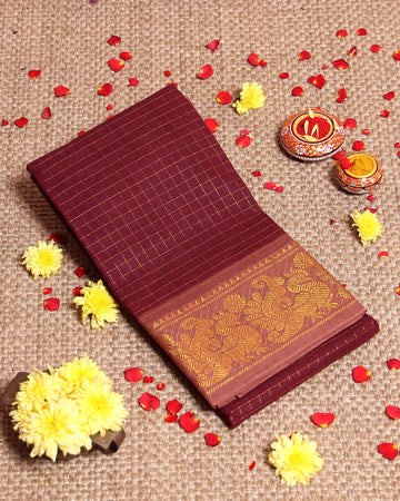 Traditional Sungudi Cotton Saree with Fine Checked Weave and Ornate Zari Floral Border - Maroon