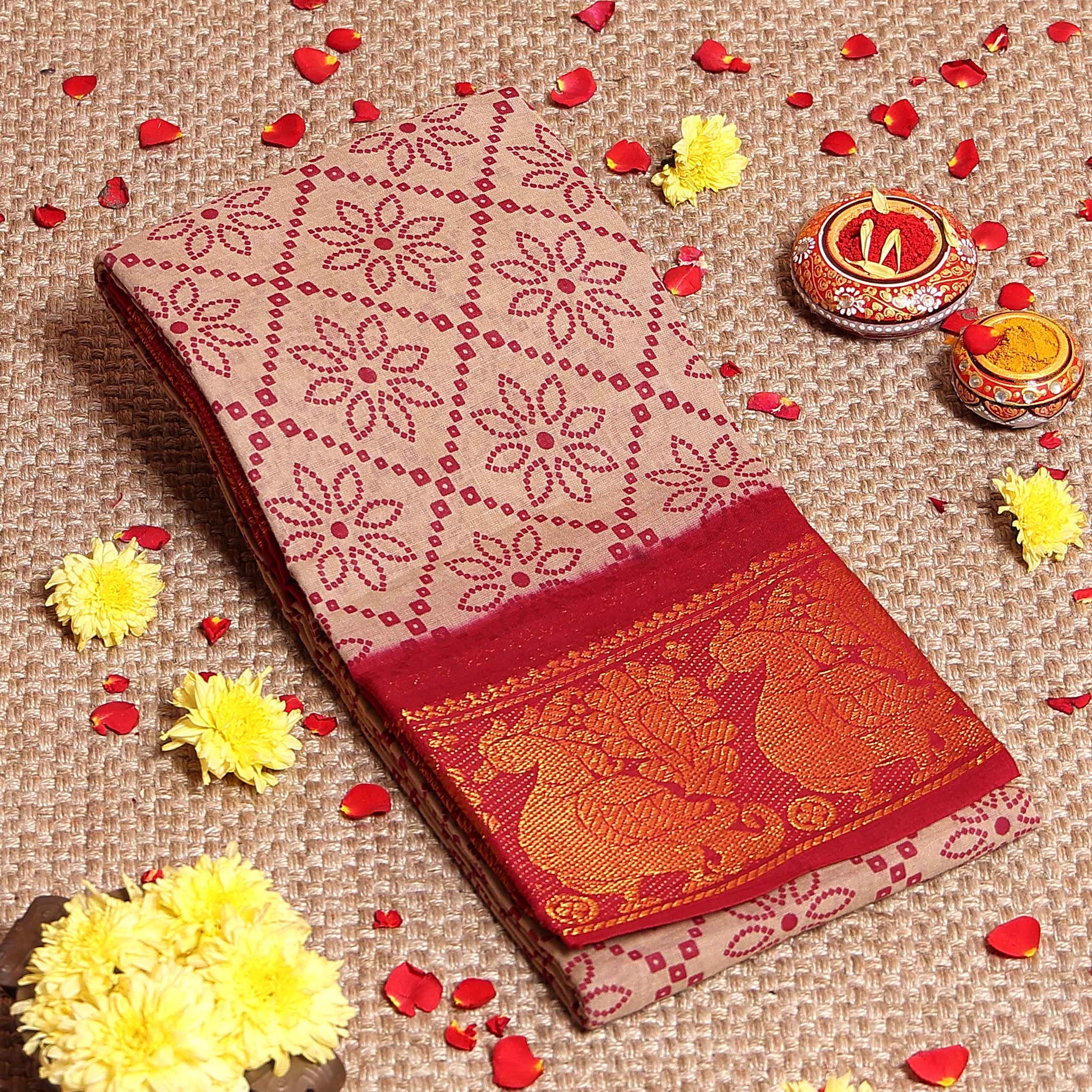 Traditional Sungudi Cotton Saree with Floral Dot Pattern and Grand Zari Peacock Border - Sandal