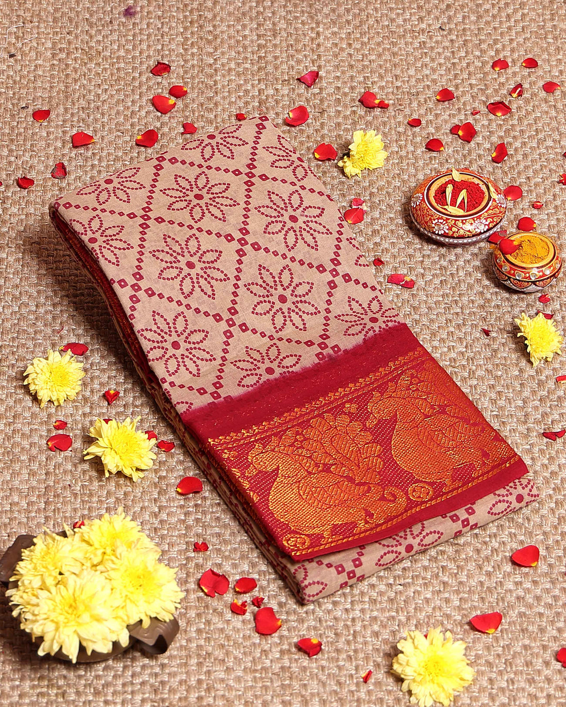 Traditional Sungudi Cotton Saree with Floral Dot Pattern and Grand Zari Peacock Border - Sandal