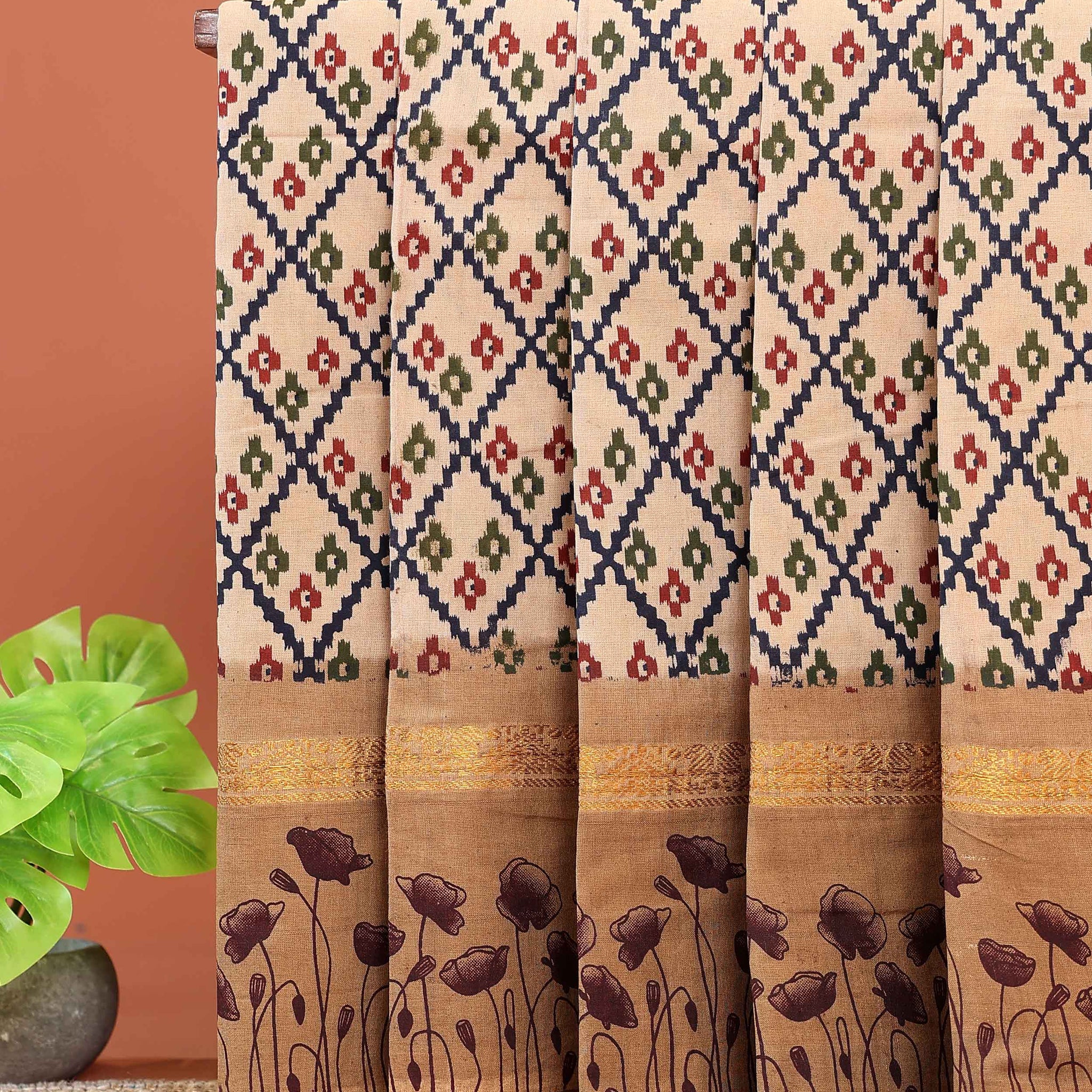 Traditional Sungudi Cotton Saree with Geometric Diamond Pattern & Floral Border - Sandal