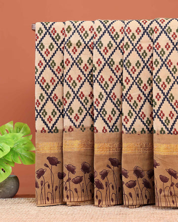 Traditional Sungudi Cotton Saree with Geometric Diamond Pattern & Floral Border - Sandal