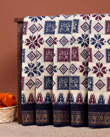 Traditional Sungudi Cotton Saree with Geometric and Floral Motifs - Cream