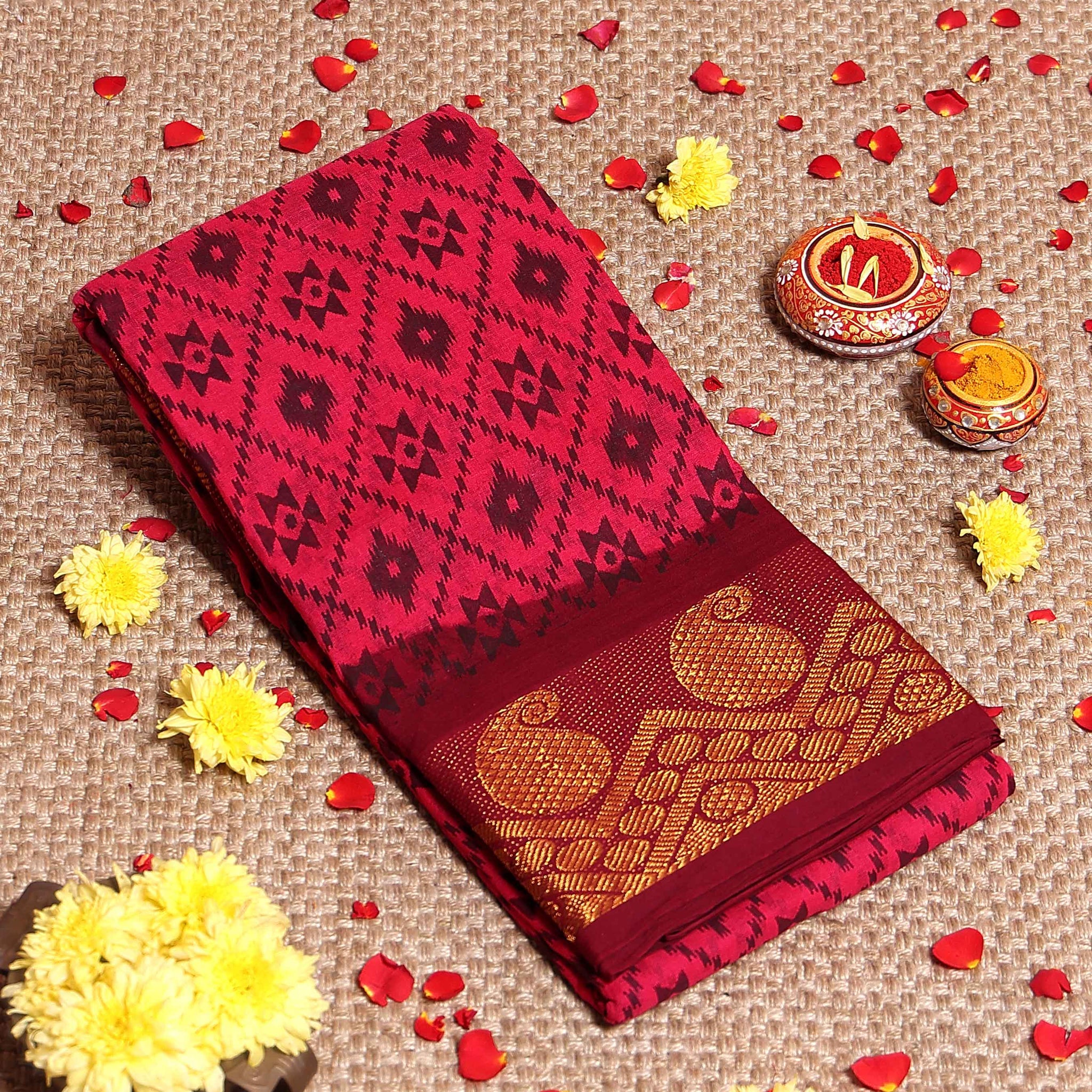 Traditional Sungudi Cotton Saree with Intricate Diamond Pattern and Rich Zari Woven Border - Dark Pink