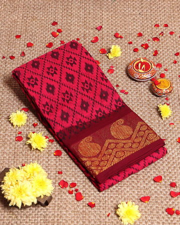 Traditional Sungudi Cotton Saree with Intricate Diamond Pattern and Rich Zari Woven Border - Dark Pink